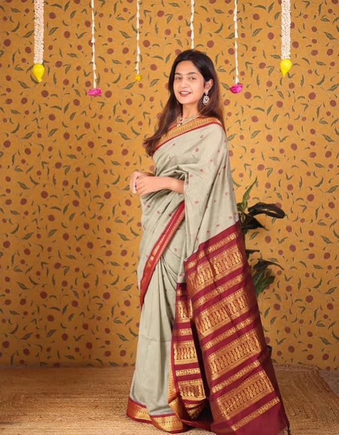 Image of Pure Kalyani Cotton Saree | Zari Border & Blouse Piece - Lata Gadwal Design | Traditional Saree