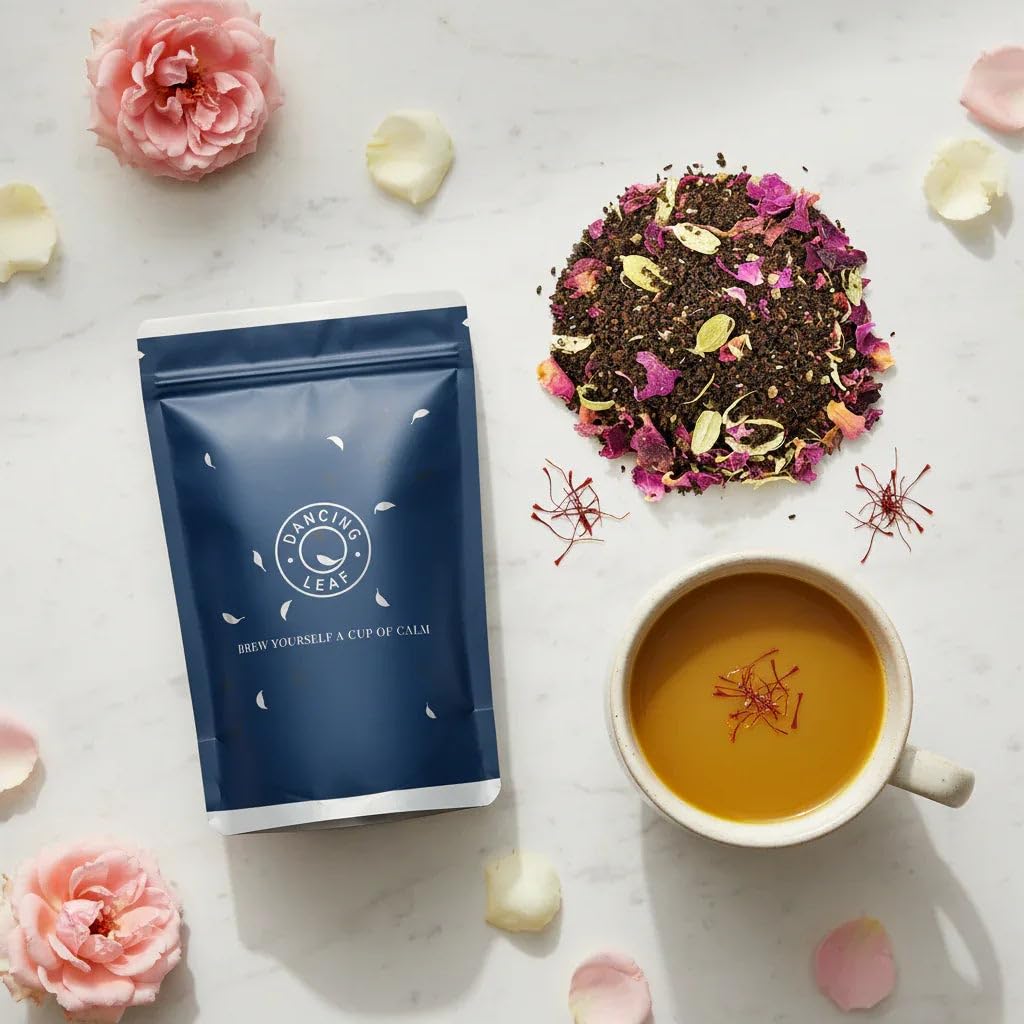 Dancing Leaf Kesar Rose Chai Saffron Rose Spiced Black Tea Assam Tea with Cardamom Floral Aromatic Blend Antioxidant Rich Digestive Support Premium Masala Chai (100 Gram)-image-31