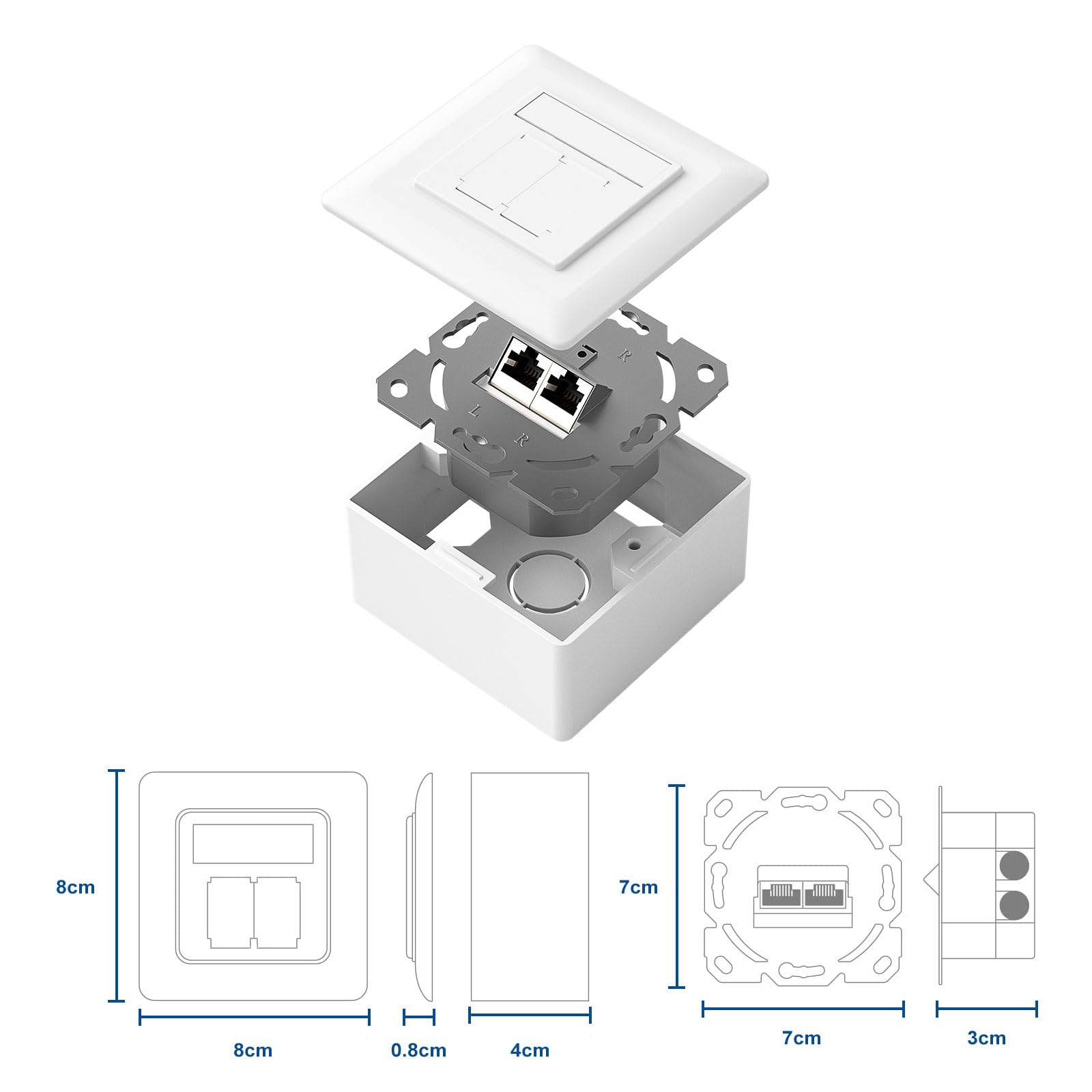 iwillink Enchufe de red Cat7 de 2 puertos – 10 Gigabit apantallado LAN – Enchufe de red – Montaje superficial/empotrado universal – POE+ – Compatible con CAT7 CAT6 CAT6A – Blanco