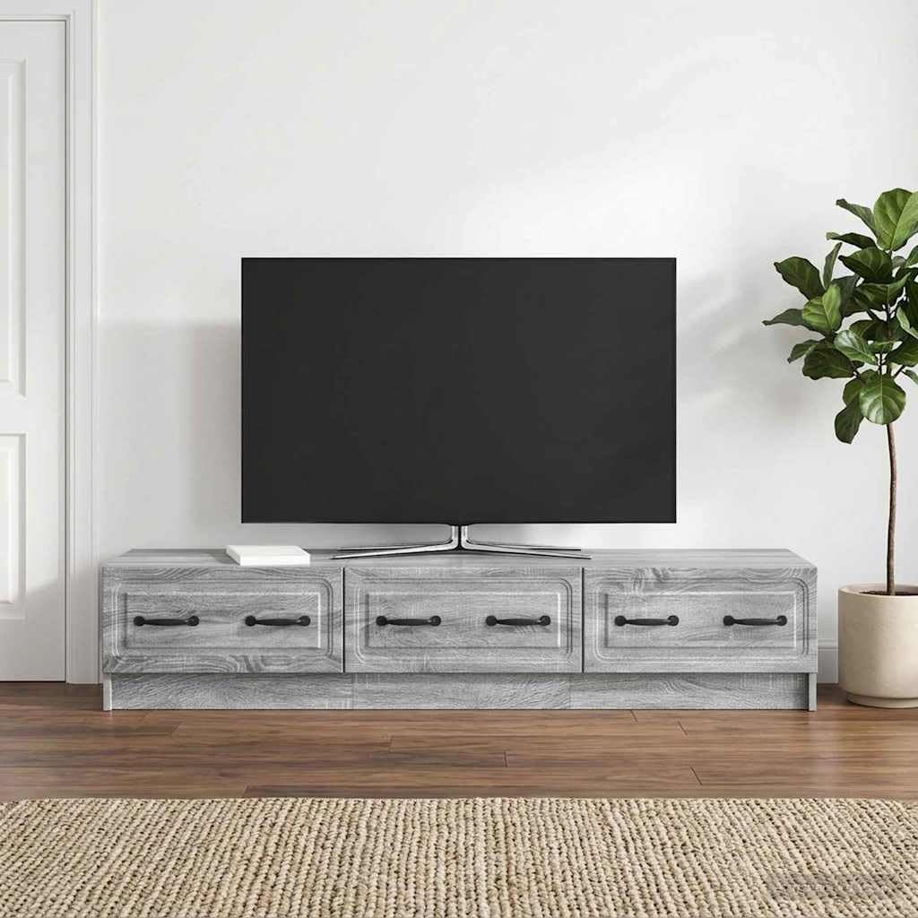 Szafka TV Sonoma szara z materiału drewnopochodnego, 147 x 34,5 x 27 cm, niska szafka z 3 szufladami, miejsce do przechowywania telewizora, odbiornika, konsoli do gier i aranżacji salonu