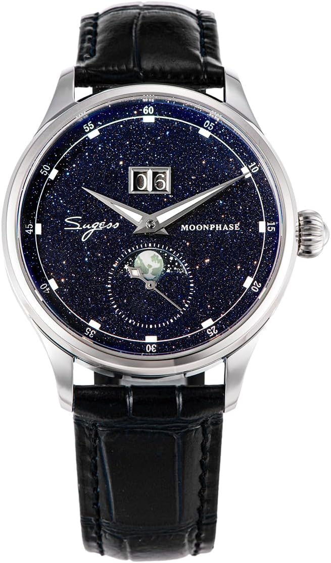 Moonphase Luxury Mens Watches 316L Stainless Steel Case Seagull ST2528 Movement Gemstone Stars Dial Automatic Men's Wrist Watch Gift, brown strap, fashion