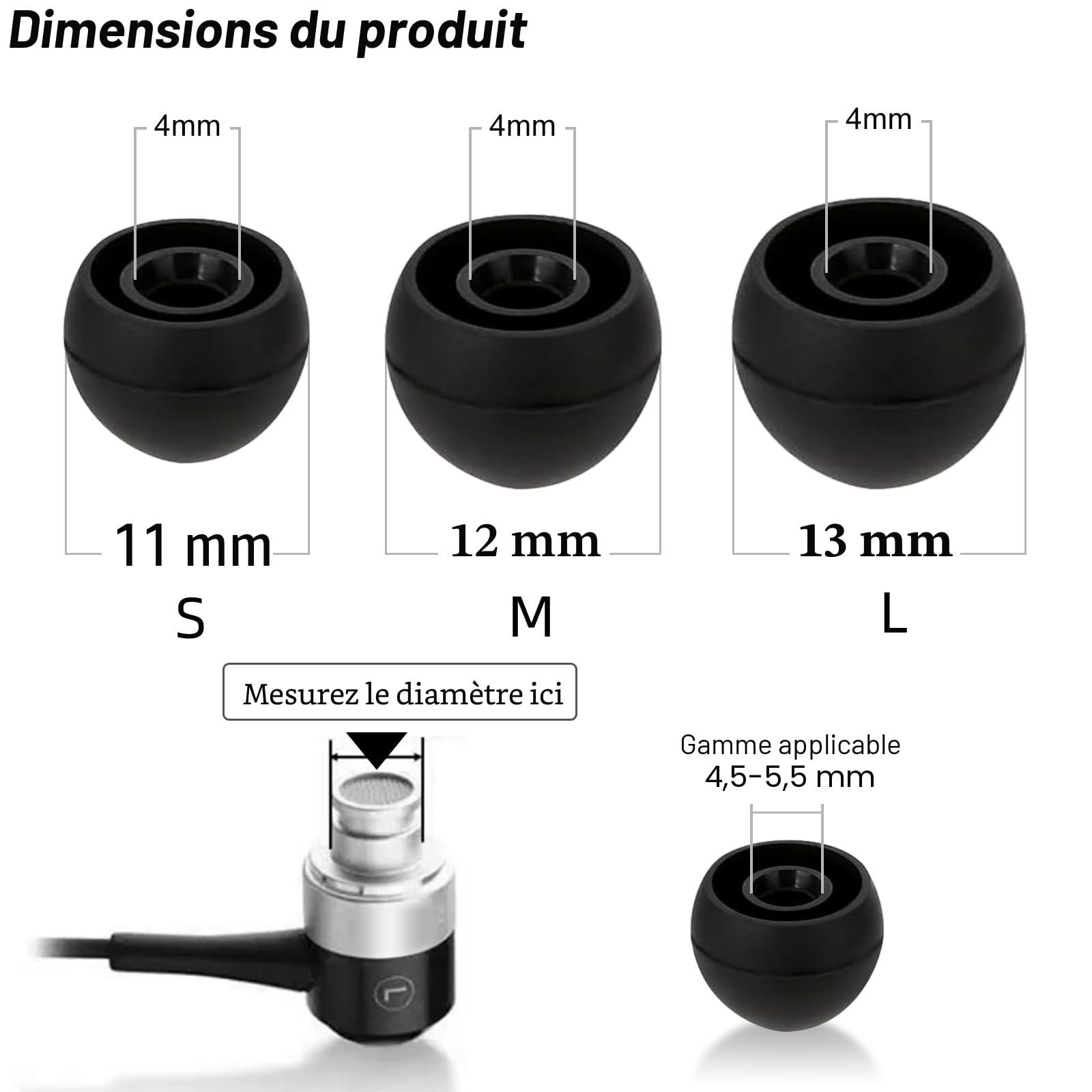 Embouts de Rechange en Silicone pour Écouteurs Intra-Auriculaires, 3 Tailles (S/M/L), 9 Paires
