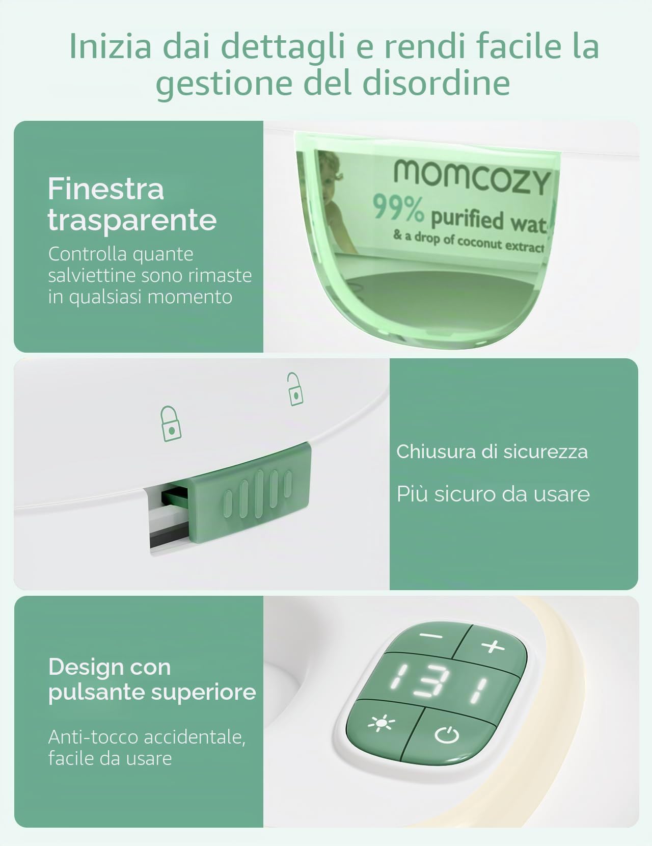 Momcozy Scalda Salviette Neonato, Dispenser Salviettine Grande Capacità, Riscaldamento Rapido Uniforme, 4 Livelli Temperatura, Luce Notturna