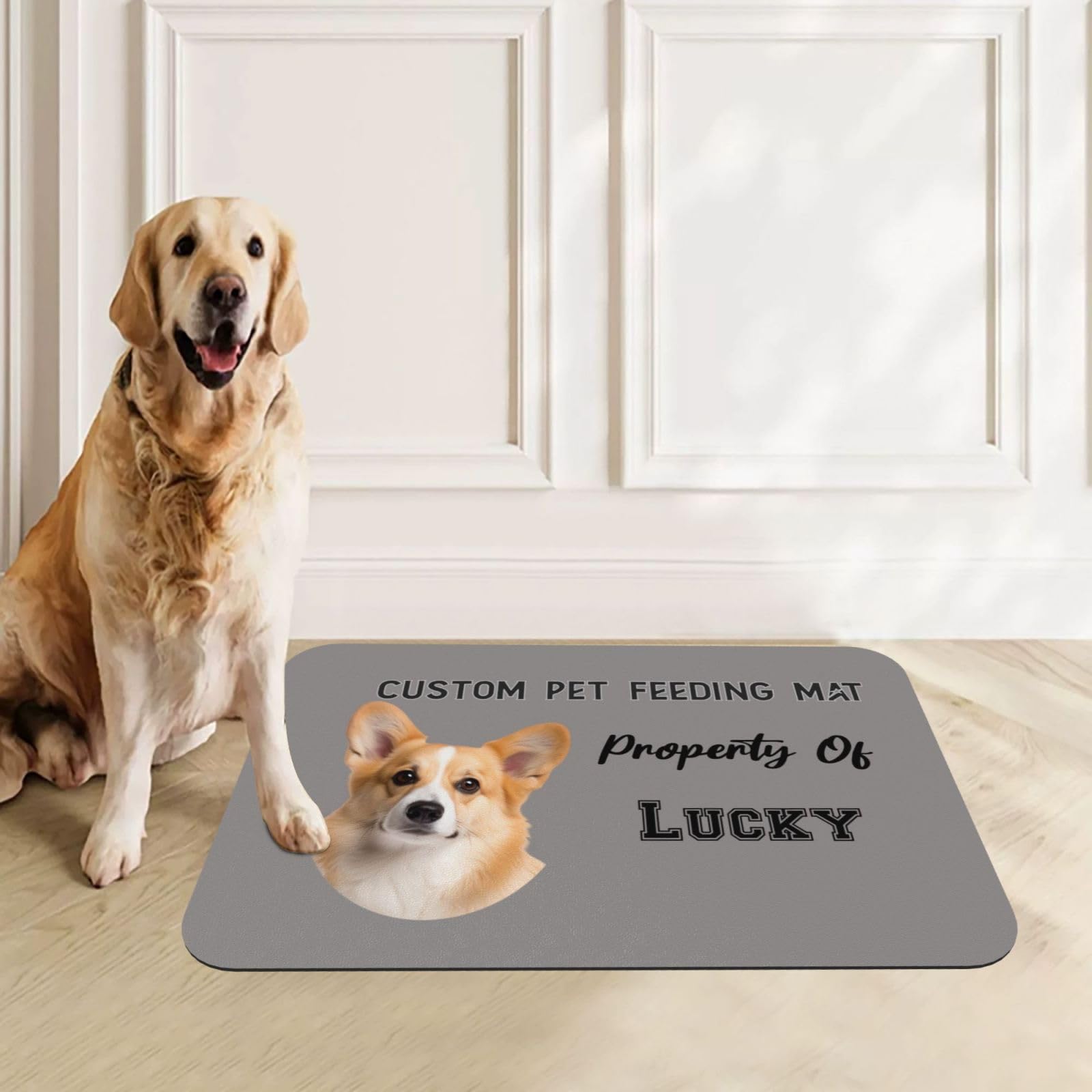 Tappetino per l'alimentazione degli animali domestici, tappetino personalizzabile per cibo per cani e gatti con foto e testo del nome, in pelle PU assorbente con retro in gomma antiscivolo