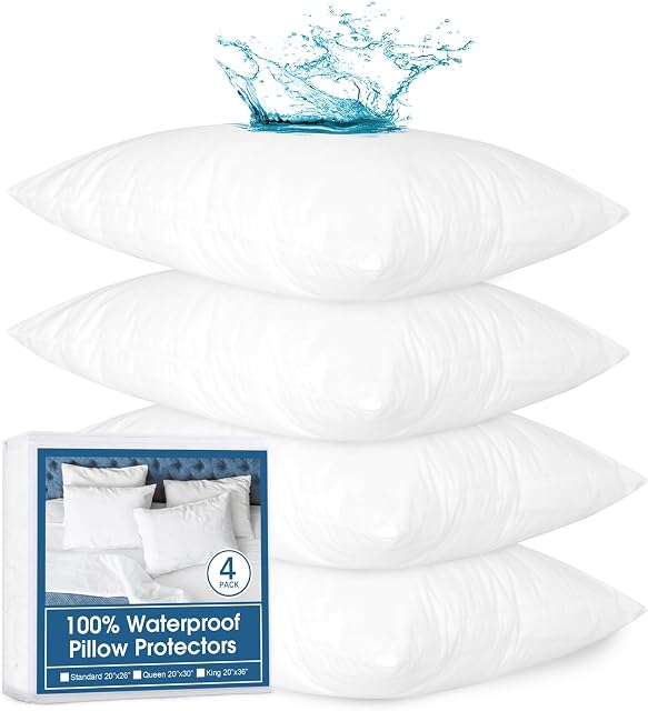 Waterproof Pillow Protectors Zippered (4 Pack, White) Standard Size, Bed Bug Proof Pillowcases, Pillow Encasement Covers 20 x 26 Inches