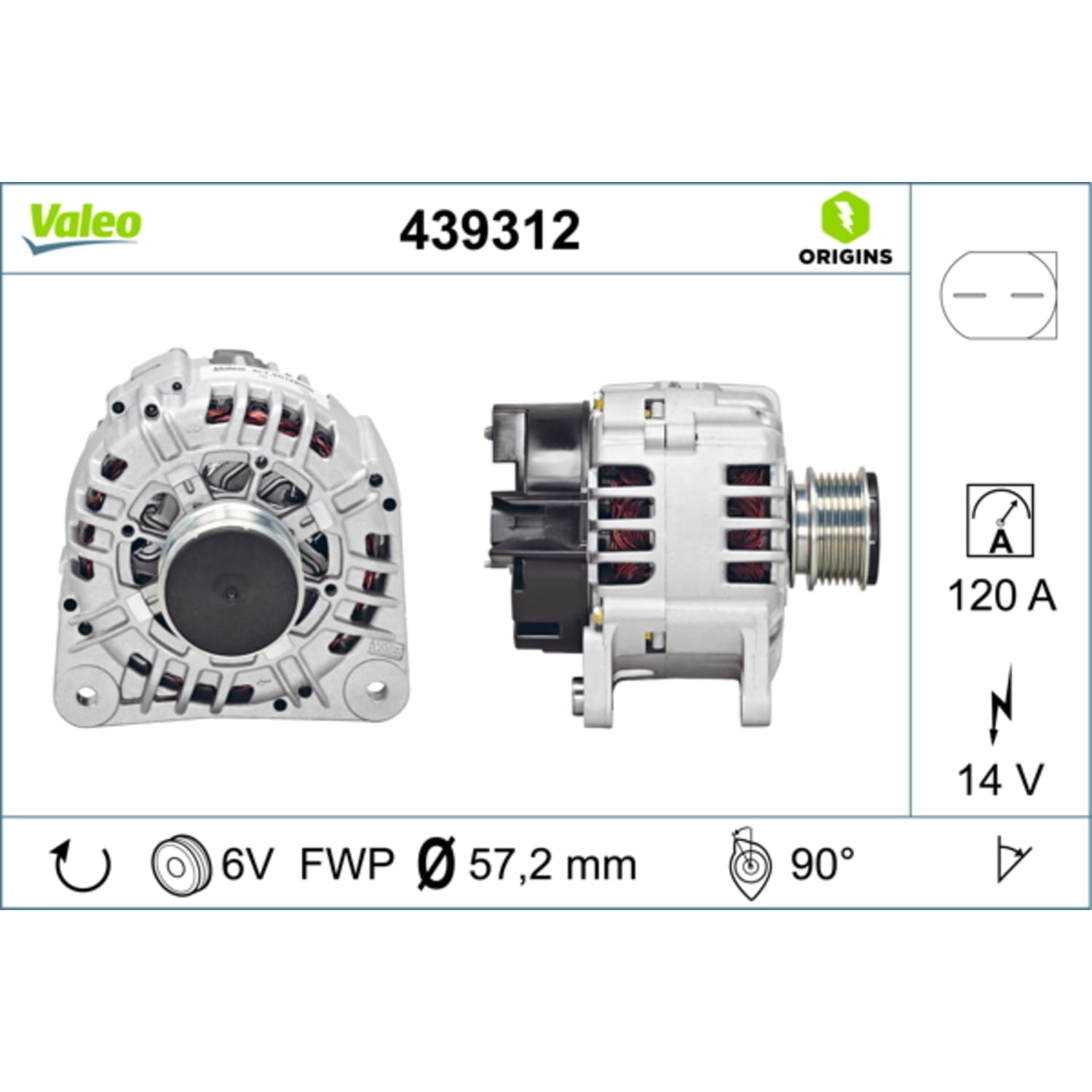 VALEO-439312-Alternador-- Intensidad de carga del alternador: 120 Amp - Estrías: 6 estrías - Polea de correa: 57,2 mm - Tensión: 14 V - Sentido de rotación: CLOCKWISE