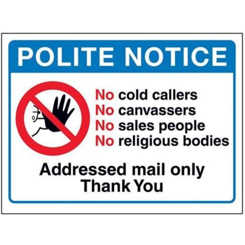 Vsafety Blue V Safety Polite Notice: Addressed Mail Only, Thank You Sign - 150Mm X 100Mm - Self Adhesive Vinyl
