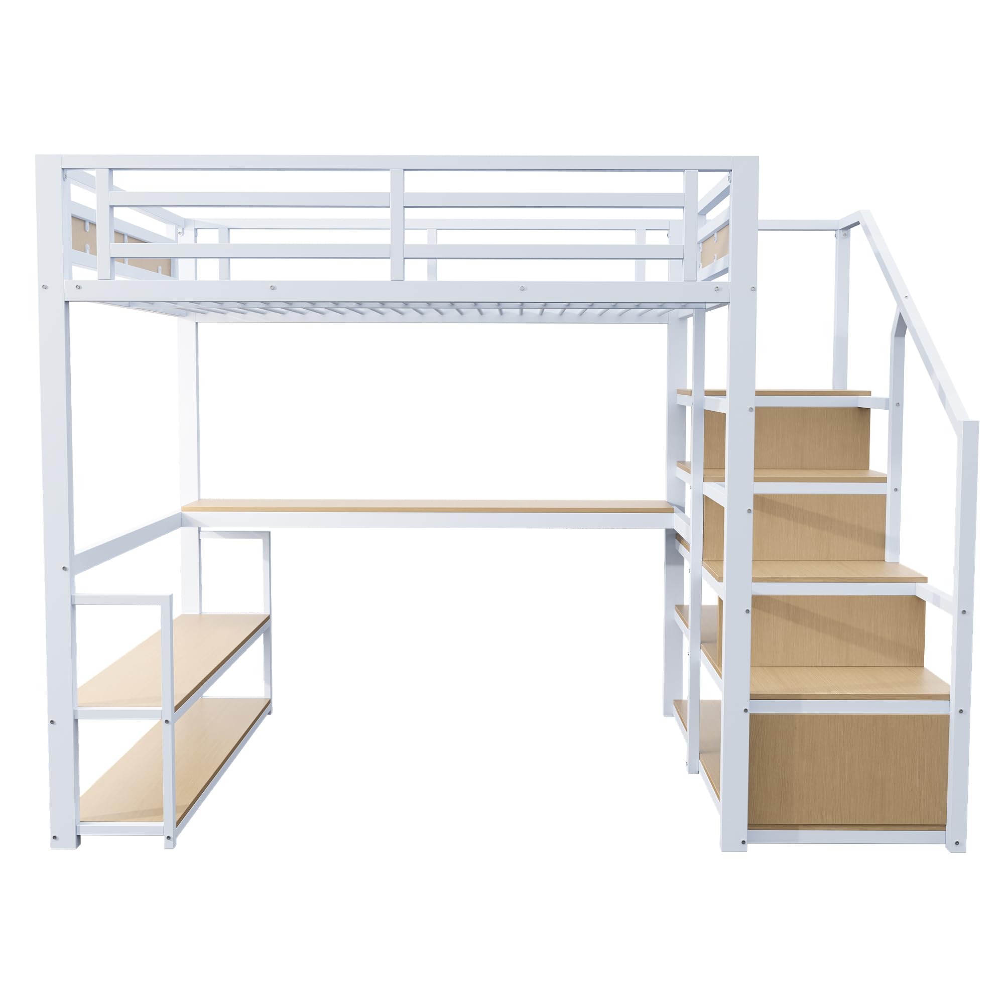 Letto a soppalco 140x200 cm in metallo con scaletta portaoggetti con ripiani e tavolo letti singolo per adulti con struttura in ferro per gli ospiti bianco