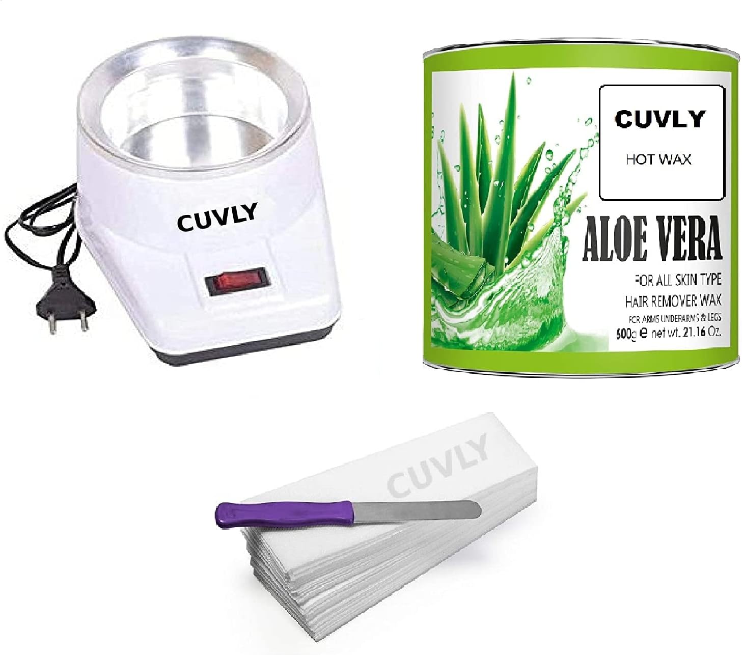 CUVLY® Waxing Kit Combo Wax Machine (Wax Heater + Aloe Vera Wax (600 gm) + Wax Strips (70) + Wax Spatula | WAX COMBO (ALOE VERA WAX)