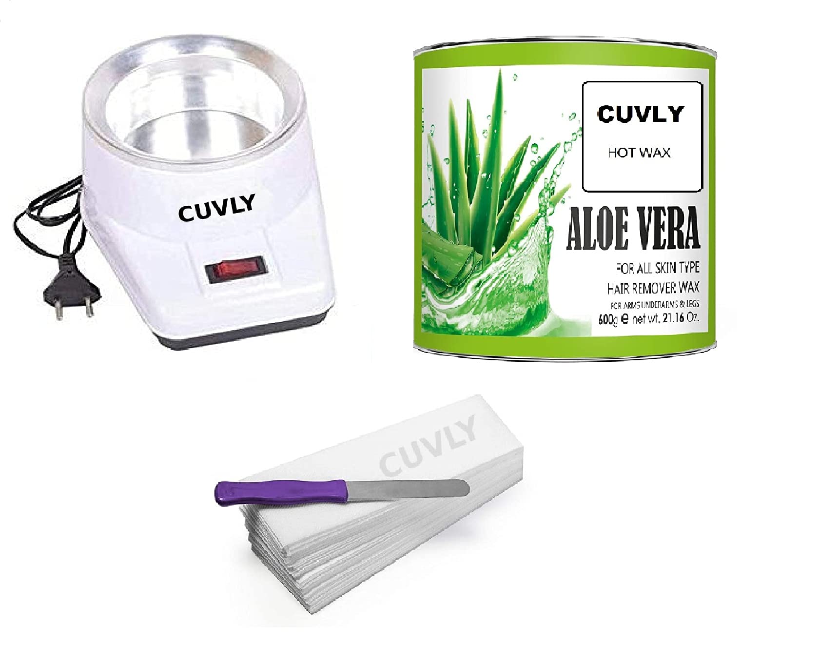 CUVLY® Waxing Kit Combo Wax Machine (Wax Heater + Aloe Vera Wax (600 gm) + Wax Strips (70) + Wax Spatula | WAX COMBO (ALOE VERA WAX)