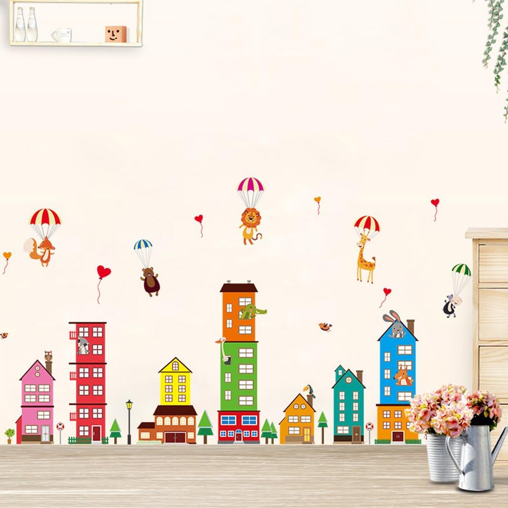 Wallpark Colorful City House Buildings Cute Bear Lion Giraffe Monkey Hot Air Balloon Removable Wall Sticker Decal, Children Kids Baby Home Room Nursery DIY Decorative Adhesive Art Wall Mural