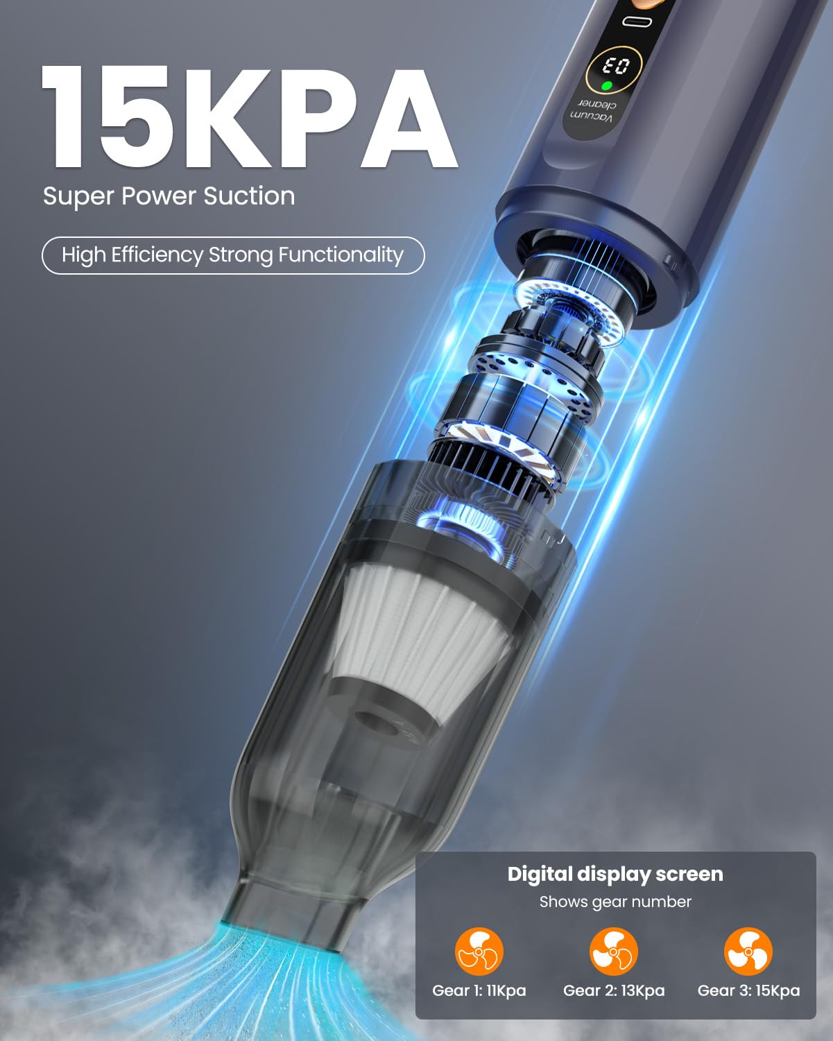 Car Vacuum Cleaner, Musclez 4-in-1 Handheld Vacuum Cordless 15000Pa Portable Dust Buster with LED Display, Rechargeable Mini Vacuum Strong Suction Blowing for Car, Home, Office Cleaning