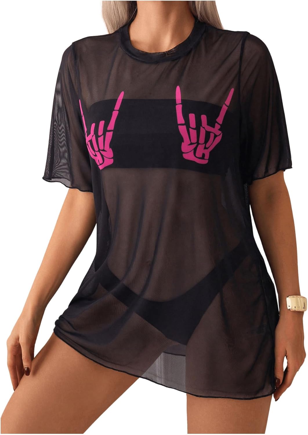 WDIRARA Women's Skeleton Sheer Mesh See Through Short Sleeve Swimsuit Cover Up Tops