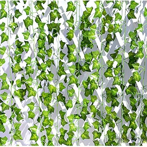 12 Strands Each 2.1m Artificial Ivy Leaf Plants Garland Fake Hanging Leaves Green for Wedding Party Garden Outdoor Greenery Wall Decoration (12, Green) Cover