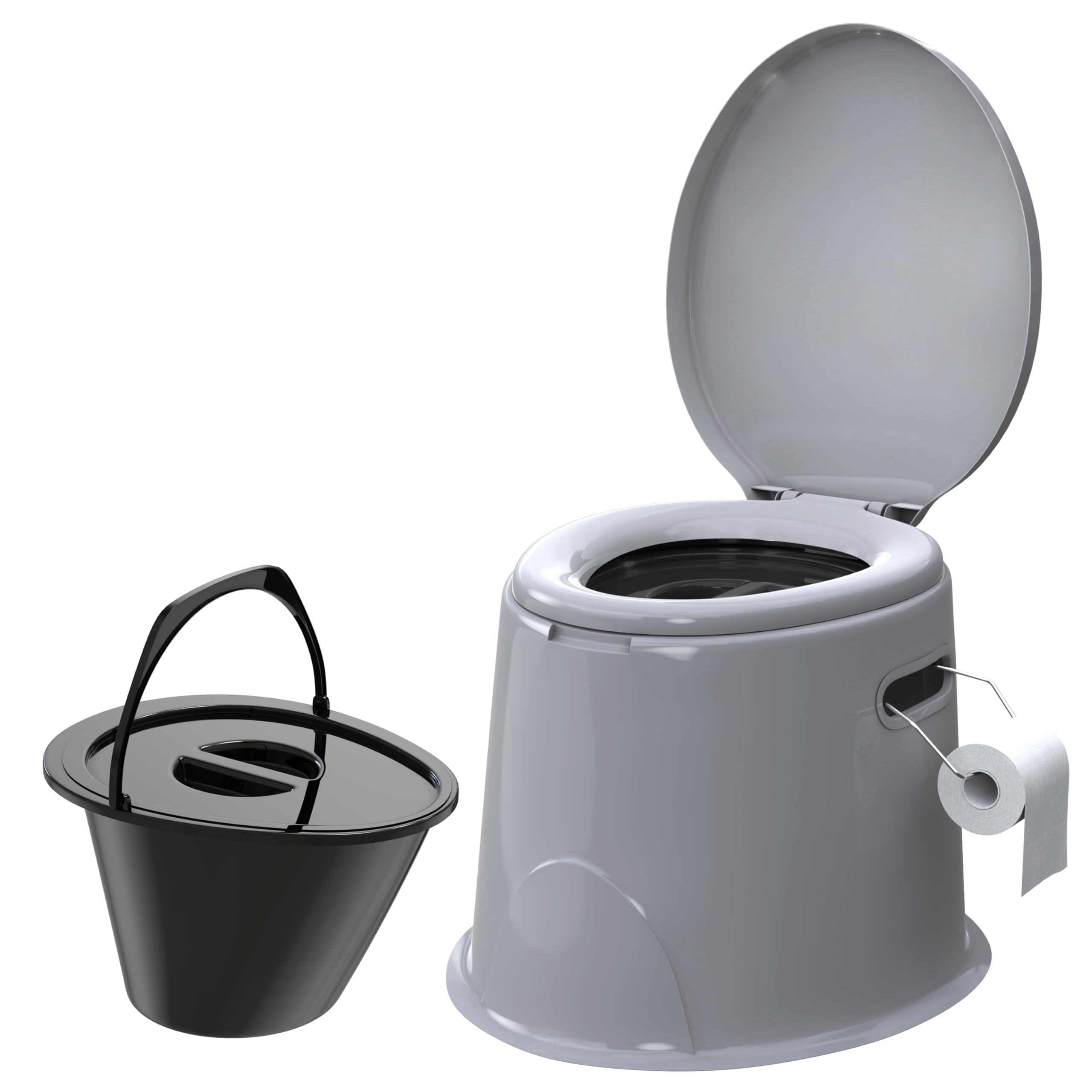 Large 5L Compact Portable Toilet Potty Loo with Seat Washable Basket and Toilet Roll Holder Lightweight Camping Loo, Camping WC for Pool Party Camping Caravan Picnic & Festivals Outdoor Grey