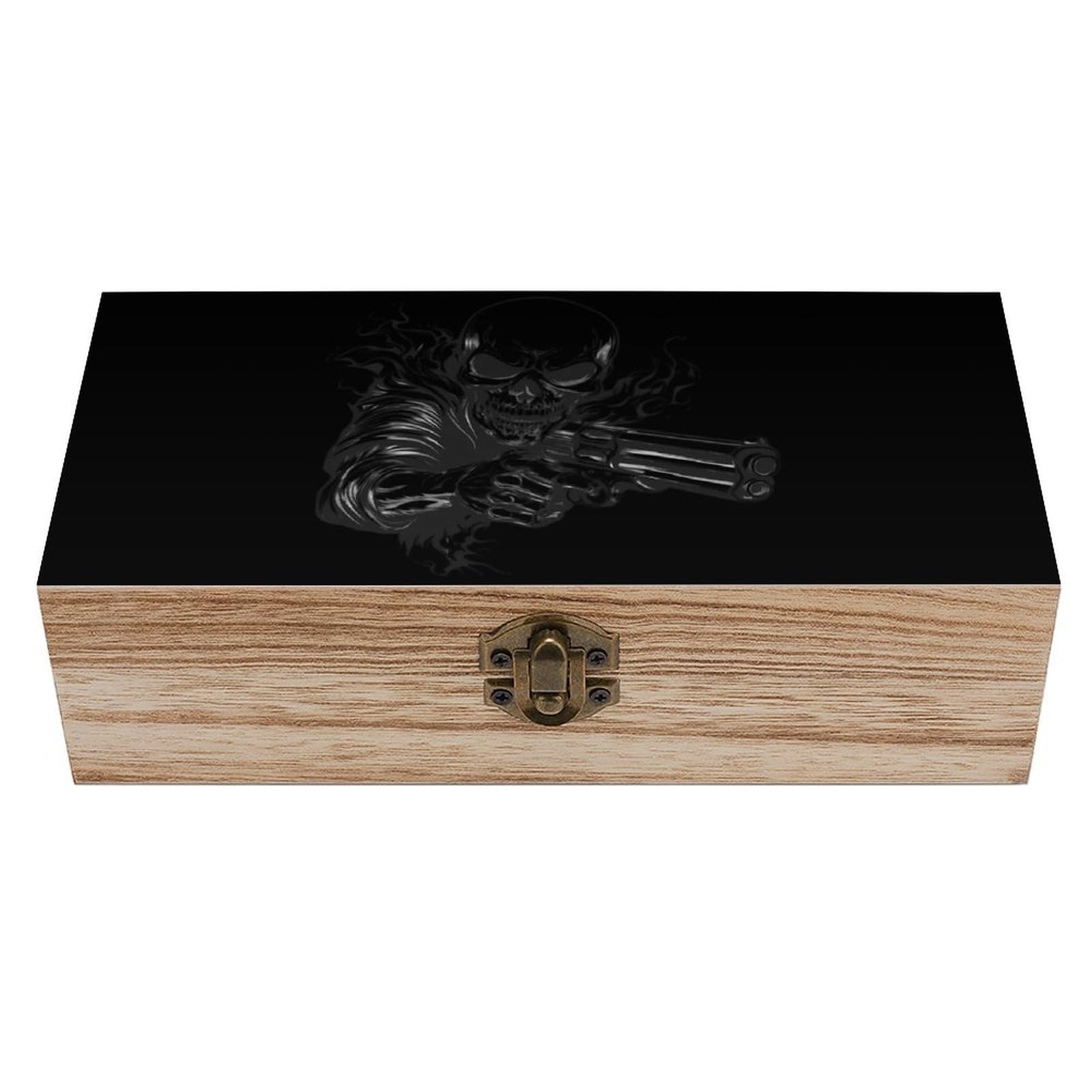 HLBSDM Skull Skeleton Gun Wooden Box with Hinged Lid Decorative Storage Case Container