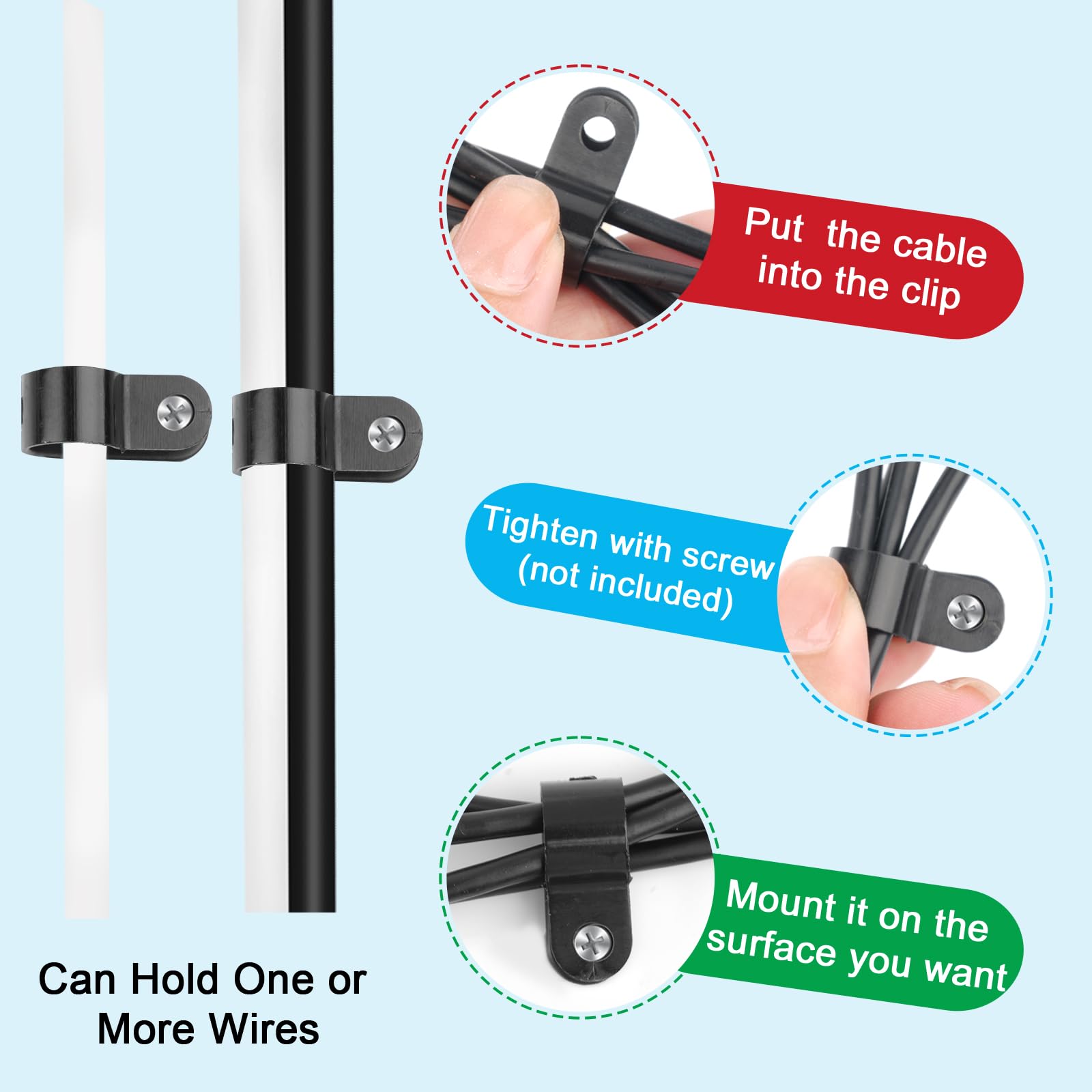 100 pcs R Type Cable Clips, 3/8" Nylon P Clips, Black Cable Cleats, Wire Clamp for Electrical Wire Conduit Cables Management - Image 3
