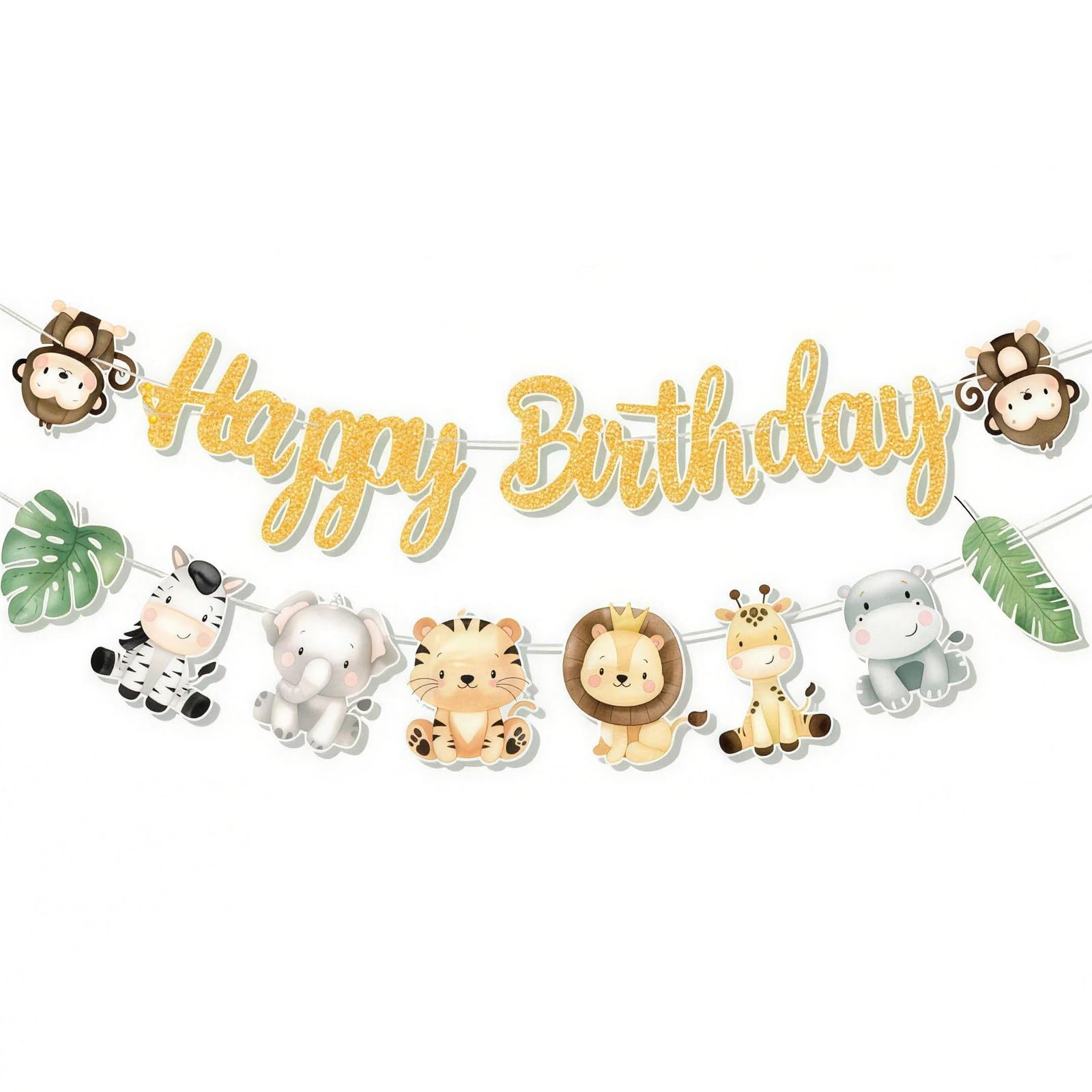Jungle Theme Party Decorations, Happy Birthday Banner with Safari Animal Banner, Wild One Birthday Decorations Party Supplies for Kids Baby Shower