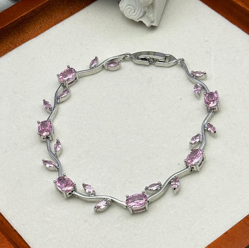 Image of Korean Anti Tarnish Trendy Tulip Bracelet for Women | Pink Stone Floral Design | Silver Tone Elegant Bracelet