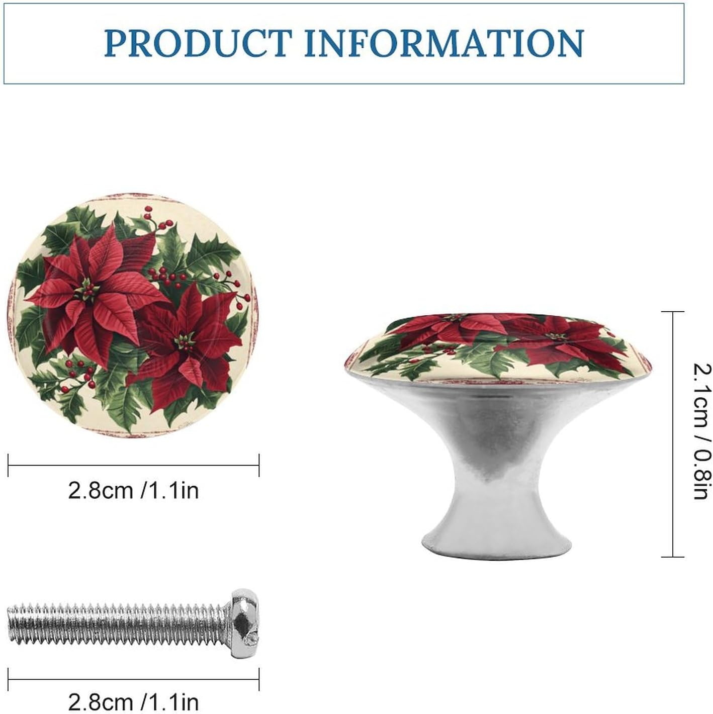 Christmas Red Poinsettia and Hellebore Round Drawer Cabinet Knobs Handles with Screws,2 Pcs, Holly Berries Drawer Dresser Knob Pulls Decor for Wardrobe Cupboard Home Office Kitchen