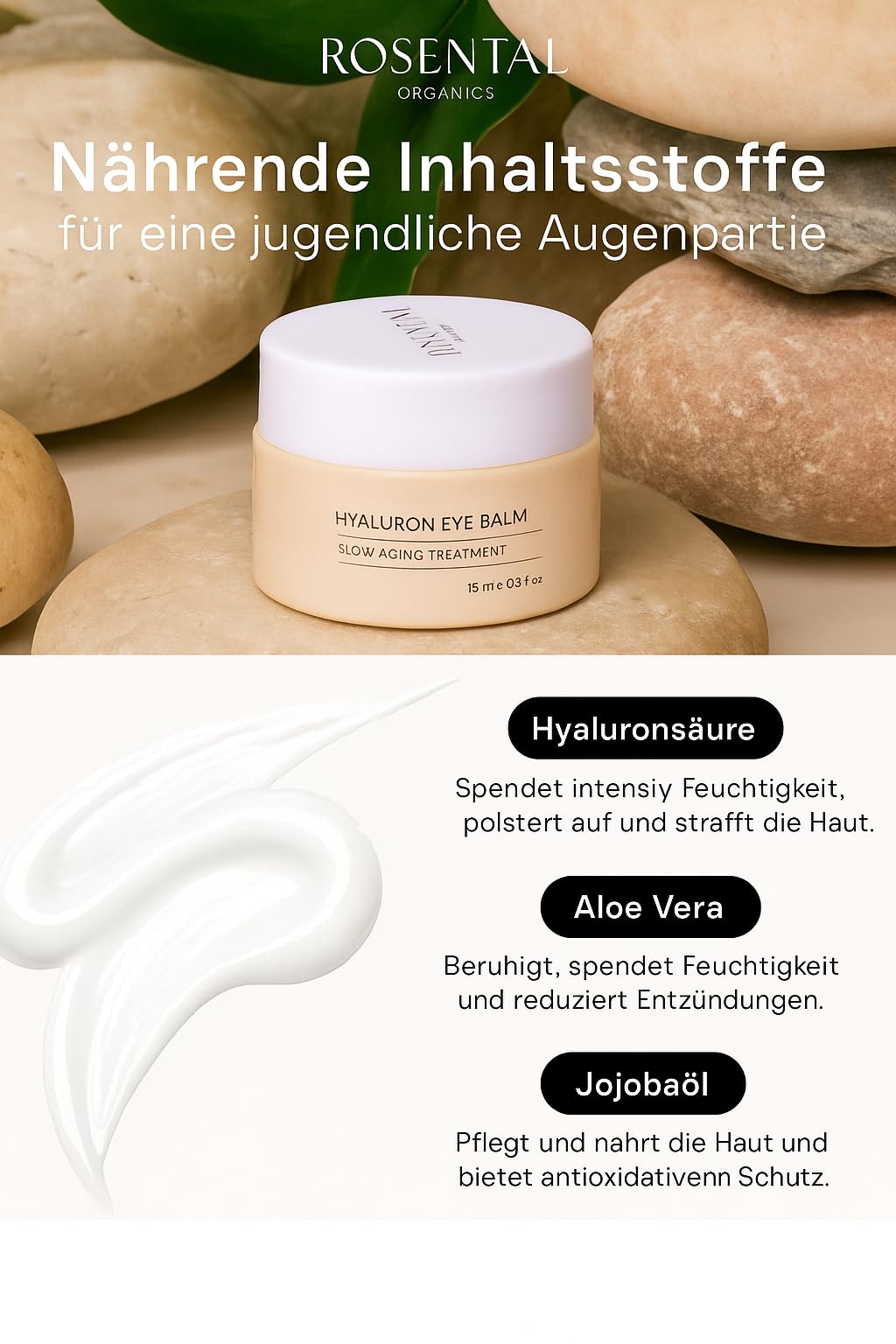 Rosental Organics Hyaluron Eye Balm (15 ml) – przeciwzmarszczkowy krem pod oczy – krem nawilżający z aloesem i olejkiem jojoba – pielęgnacja oczu – naturalny kosmetyk