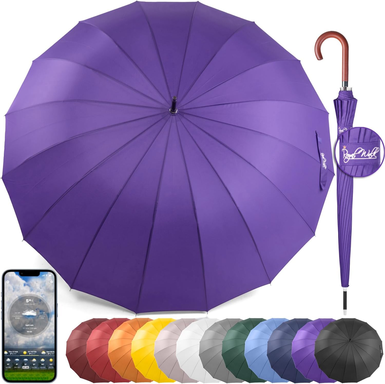 Parapluie homme long élegant grand manuel uni noir tissu satiné poignée Jonc Malacca 10 branches