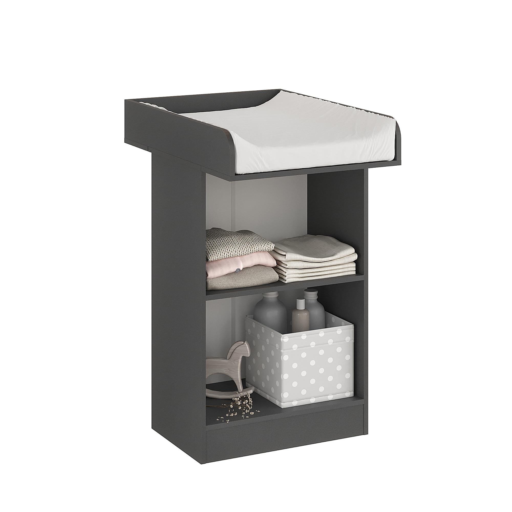 KOMTO Table à Langer Bébé Anthracite - Meuble Change compact avec plan amovible, Commode bébé avec rangement ouvert | Lulliblox M1 60,4 x 104,8 x 80,4 cm