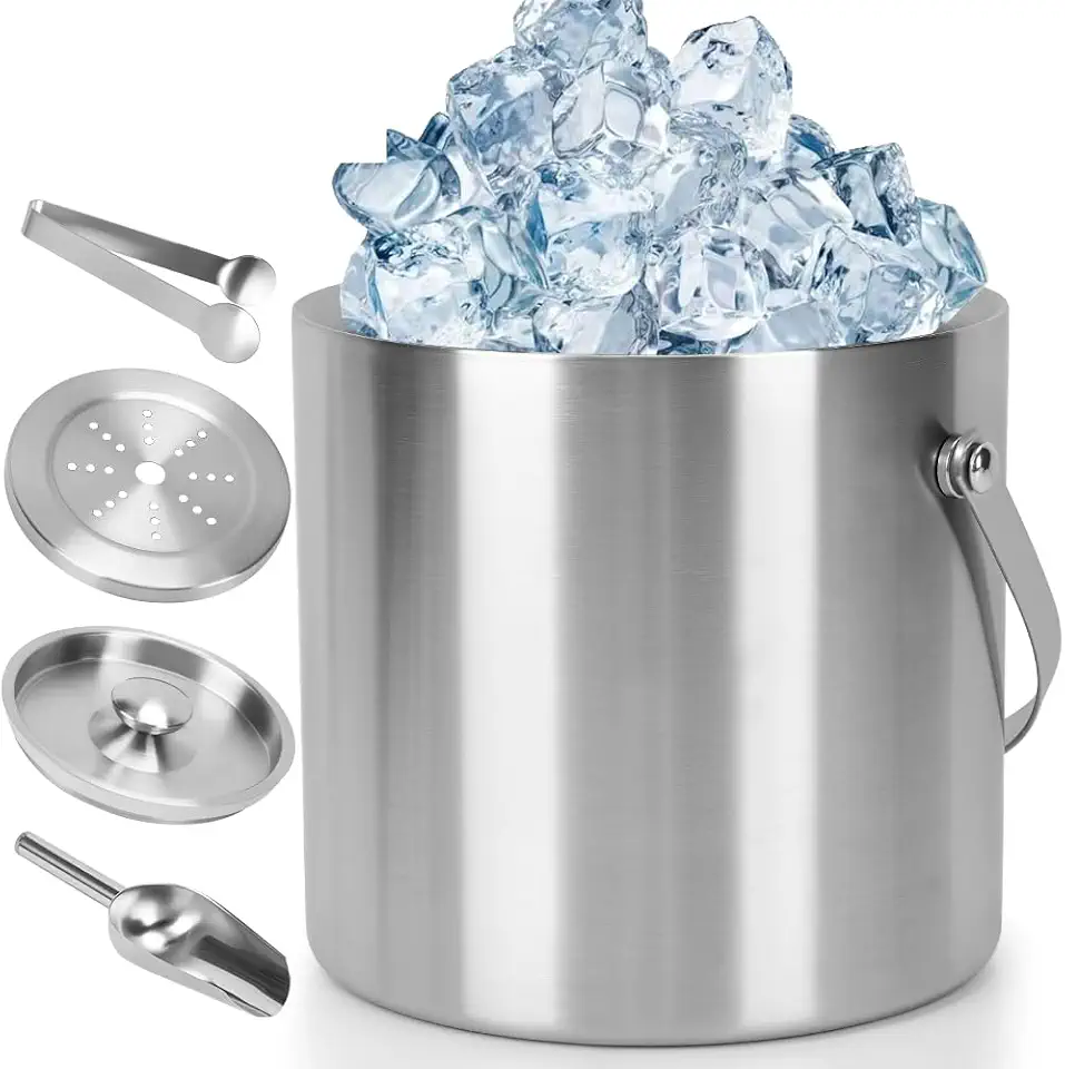 Balde de Gelo de Aço Inoxidável 3L, Balde de Gelo de Aço Inoxidável Isolado de Parede Dupla, ComPinça, Tampa, Colher