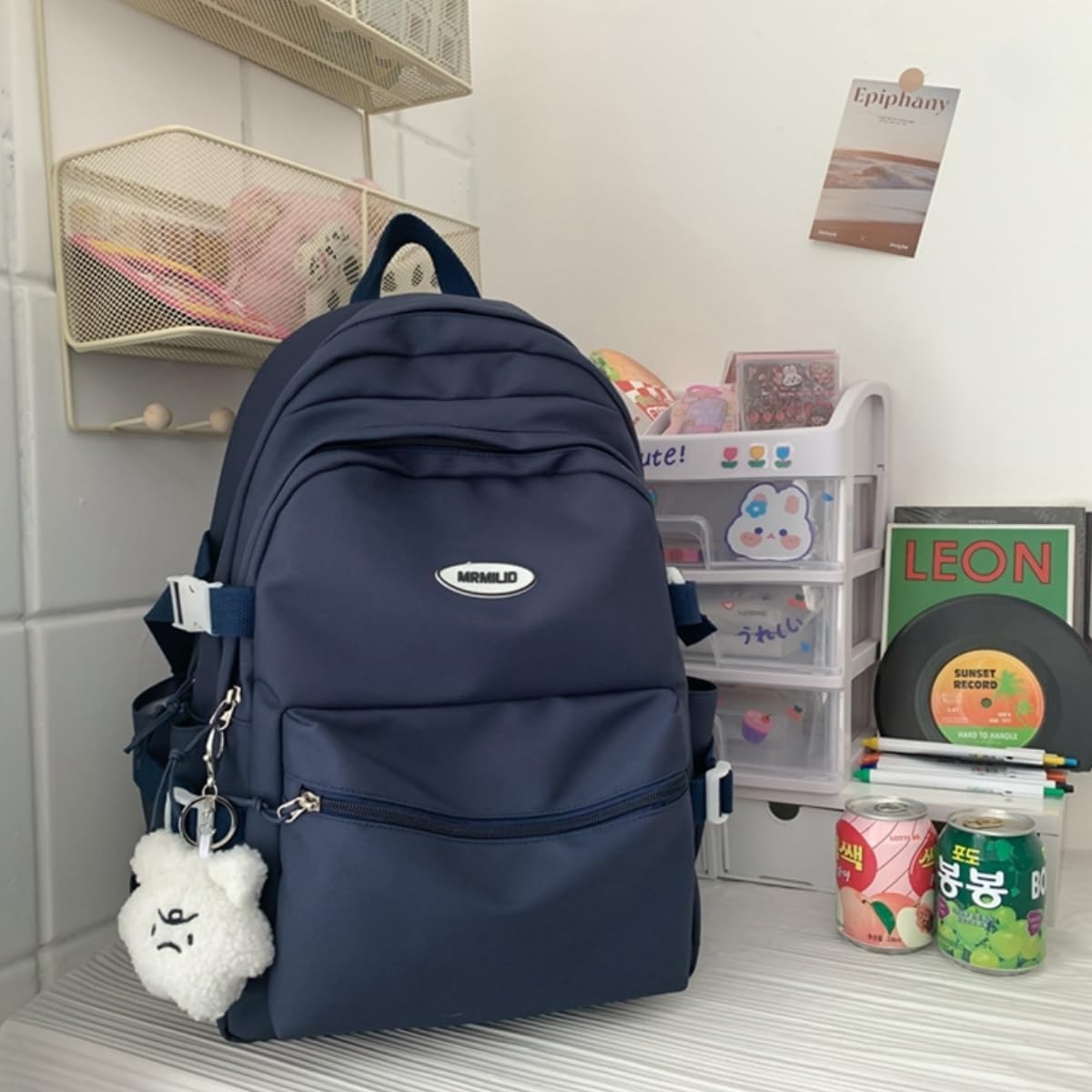 Dark Blue Kawaii Backpack with Cute Accessories Casual Aesthetic Daypack Simple Laptop Bag Waterproof Travel Rucksack for Women (dark blue)