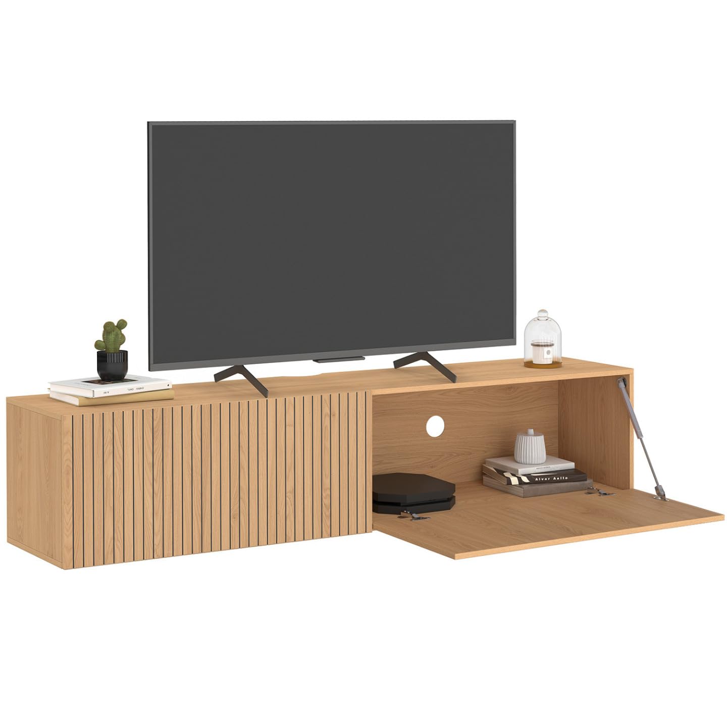 IDMarket - Meuble TV 140 cm Suspendu Juliette 2 Portes Lattes tasseau Bois Coloris chêne