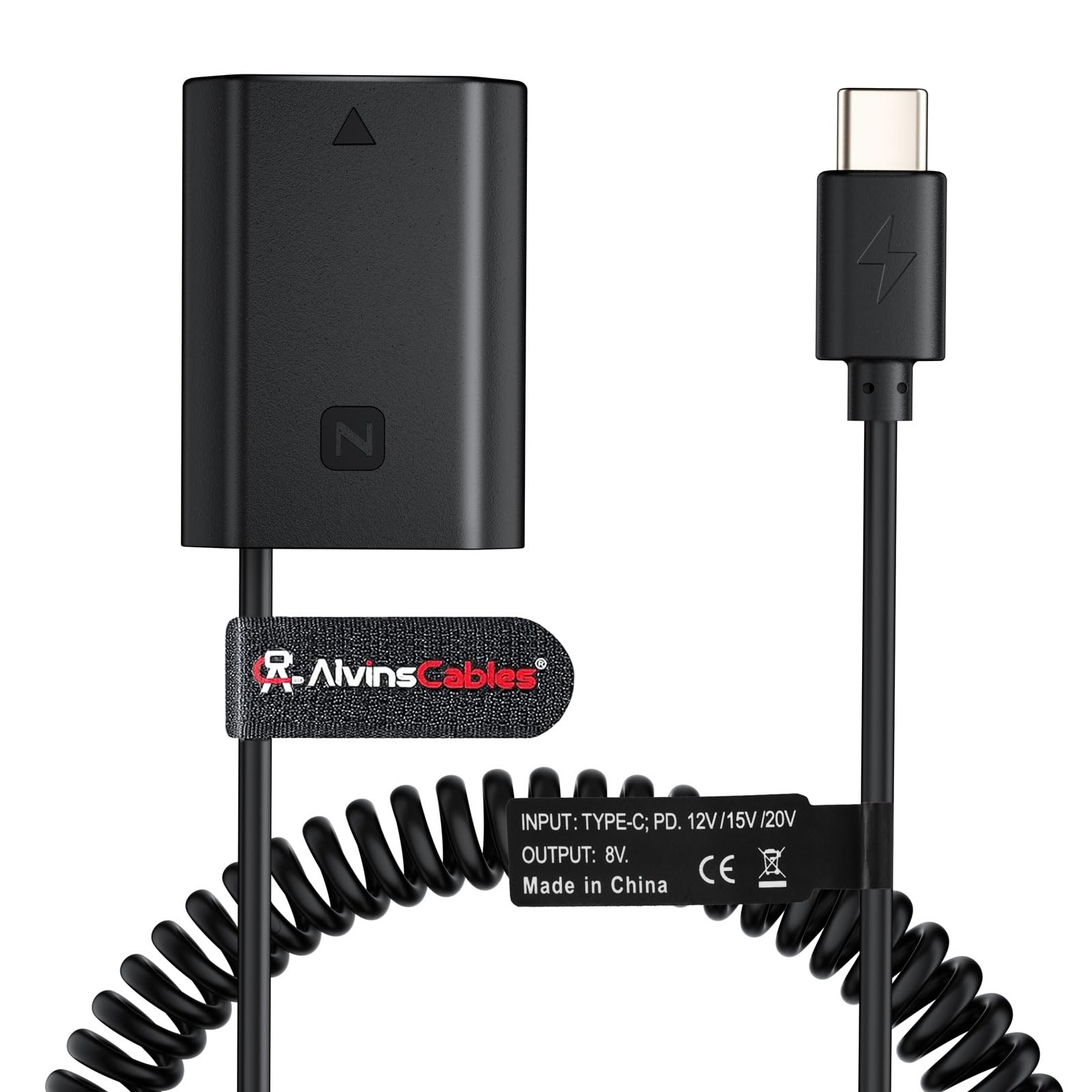 Alvin's Cables Type-C PD to NP-FZ100 Dummy Battery Coiled Power Cable for Sony Alpha A7 III, A7 IV, A7S III, A7RIII, A7R IV, A7R V, A7C, A7C II, A7CR, FX3, FX30, ZV-E1, ZV-E10 II Camera
