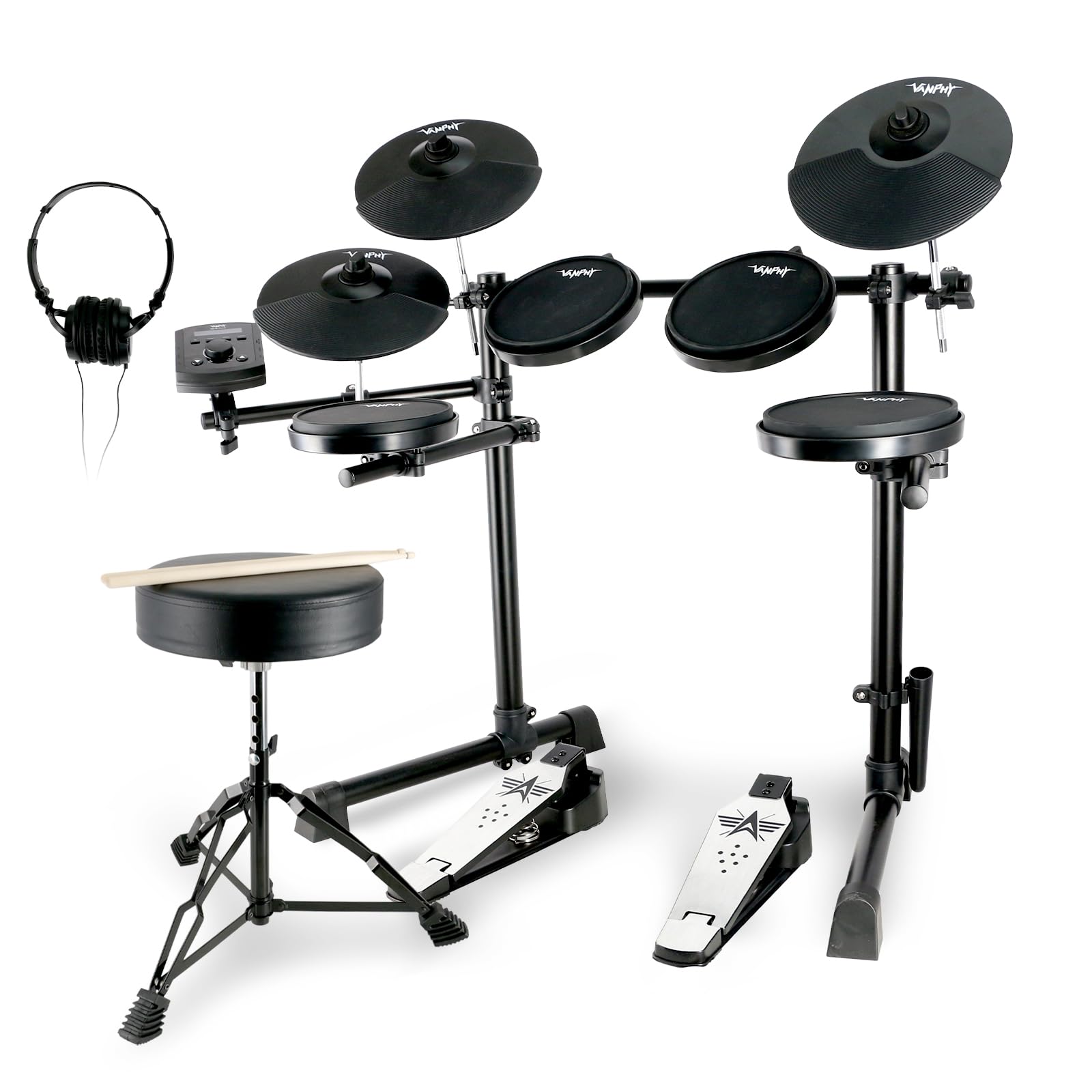 VANPHY Electric Drum Set Electronic Drum Set for Beginner Electric Drums with Quiet Silicone Pads 20 Drum Set 350 Sounds 2 Pedals Bluetooth Sticks Drum Stool Headphone 6.35mm Audio Cable?Black?