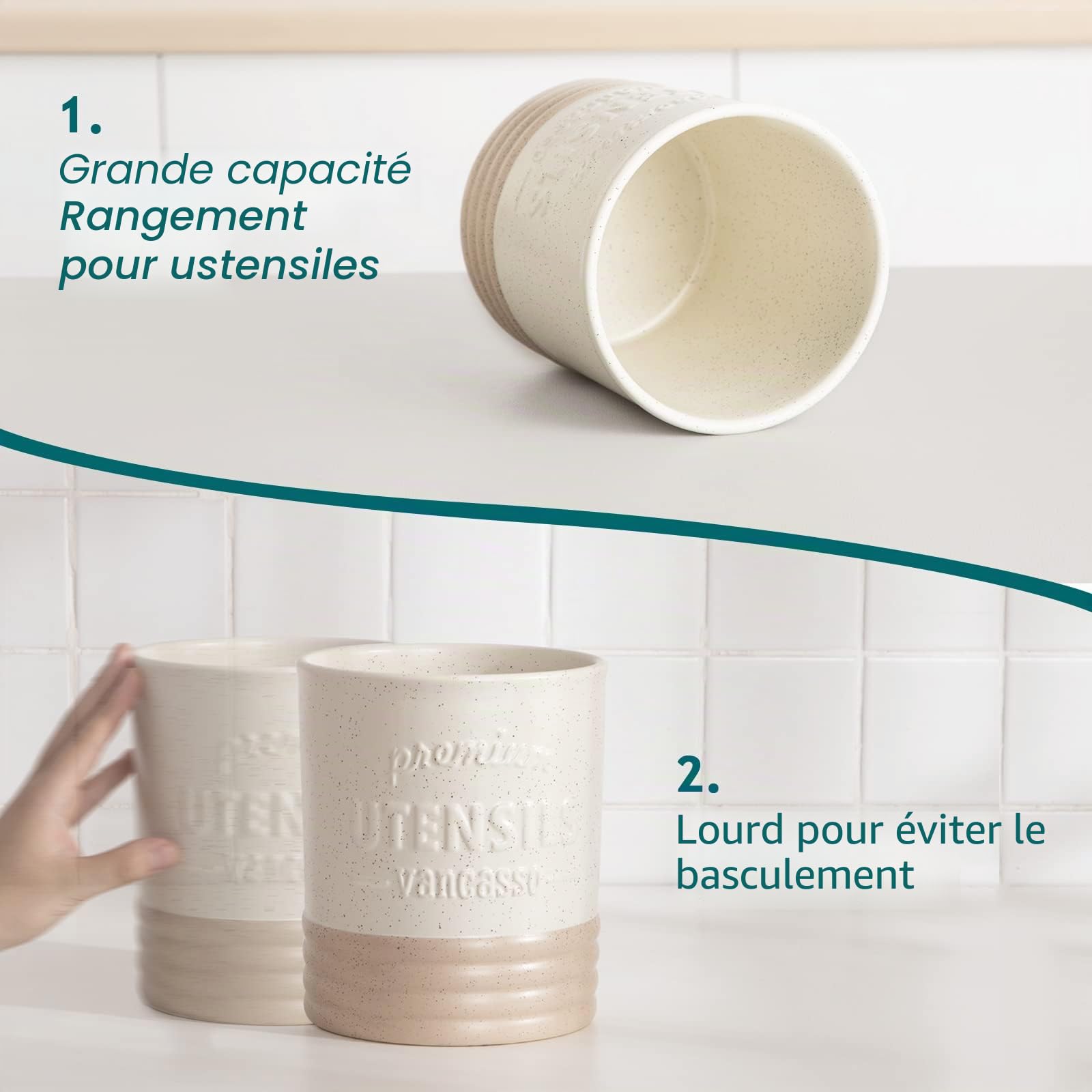 vancasso Série Sabine Pot Ustensiles Cuisine, 18,2 cm Grand Rangement en Céramique, Bocaux Rangement Cuisine pour Comptoir de Cuisine, Belle Décoration d'Intérieur, Cadeau Parfait