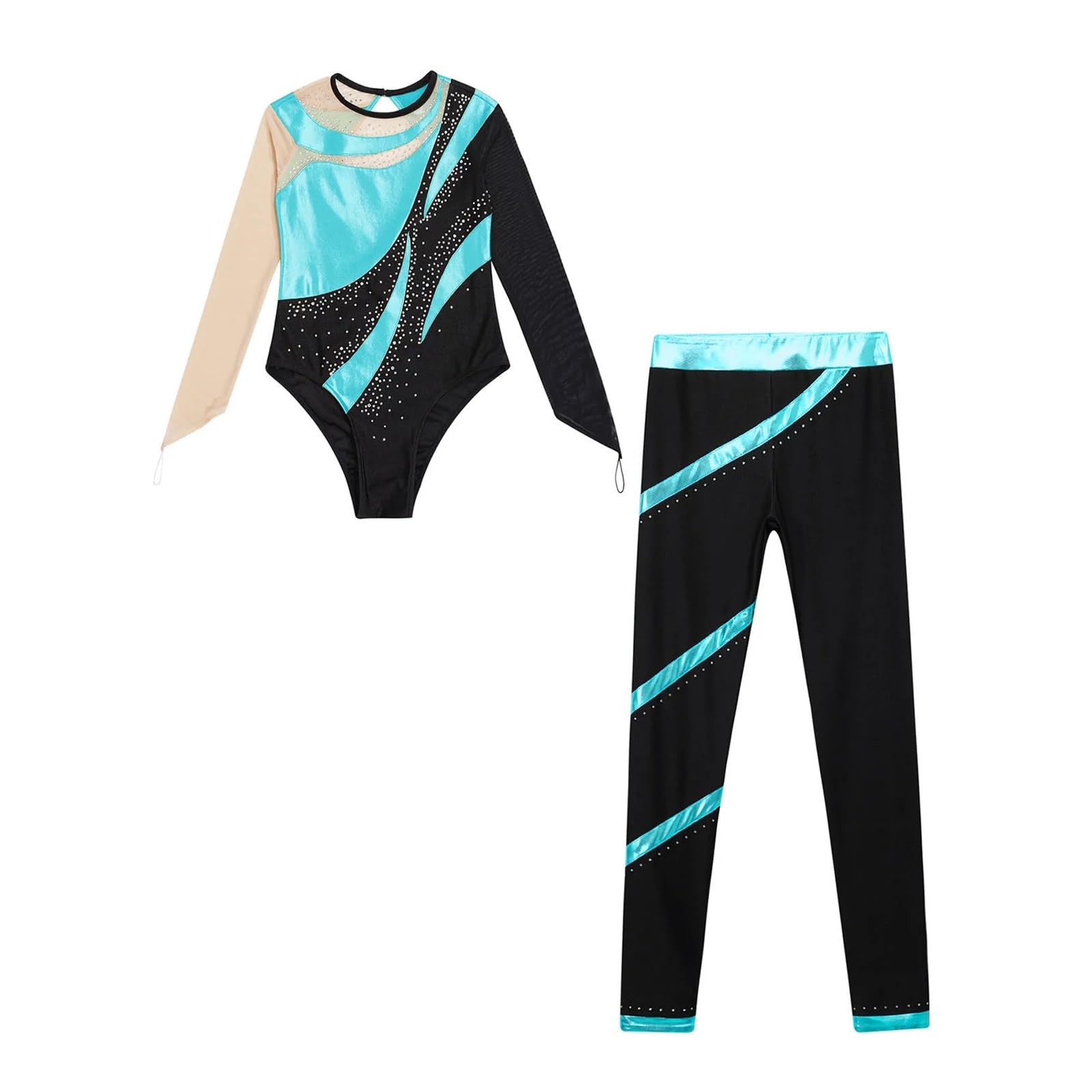 Ballettanzug for Kinder, Tanz-Outfits, Gymnastikanzug for Mädchen, glänzend, langärmelig, Eiskunstlauf-Bodysuit mit Hose, 6–16 Jahre, Tanzbekleidungs-Sets(Silver,6)