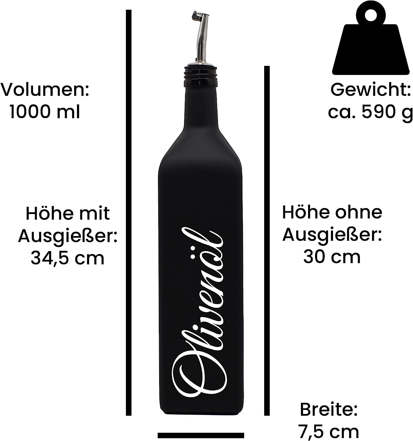 Generisch Ölflasche 1 Liter mit Edelstahl-Ausgießer - schwarz-matt - 4er Set - Glas - Haushalt - inkl. Trichter - Küche - hochwertig - Made in Germany (Ausgießer)