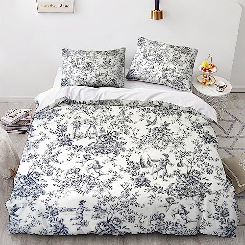 LENTLY Motif of Toile De Jouy Sets De Housses De Couettes 3D,Imprimé Microfibre Parure De Lit 3 Pièces avec Fermeture Éclair Housse De Couette Et Taies...