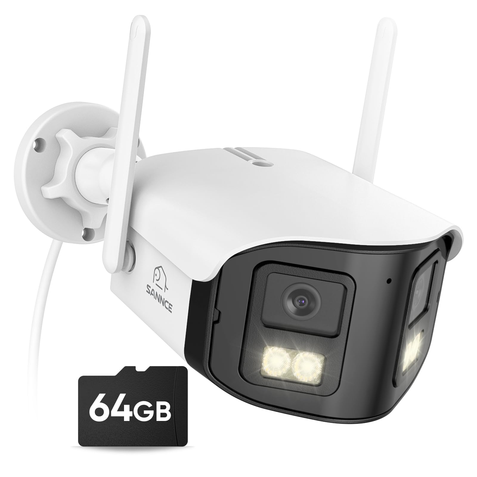SANNCE 4MP Cámara Vigilancia WiFi Exterior & Interior con Doble Lente, 64GB microSD, WiFi 6, Visión Nocturna Color, Audio Bidireccional, Alarma Personas, Zoom Digital 10X, IP66, Grabación 24/7