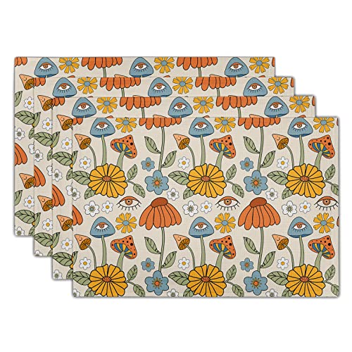 Platzsets im Retro-Stil, Boho-Blumenmuster, 4 Stück, 70er-Jahre-Stil, niedlich, abstrakt, Pilze, lustig, Leinen, waschbar, Küche, Esstisch, schmutzabweisend, hitzebeständig, Schreibtisch-Dekoration,