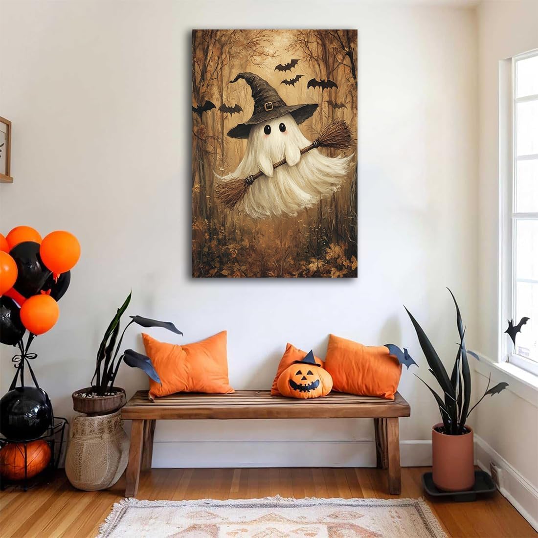 Witch Hat Ghost Cabin Halloween Poster,Cute Floating Spirit with Bats Broomstick Autumn Forest Picture Canvas Art,Halloween Spooky Gothic Dark Academia Wall Decoration,8"x12" Framed