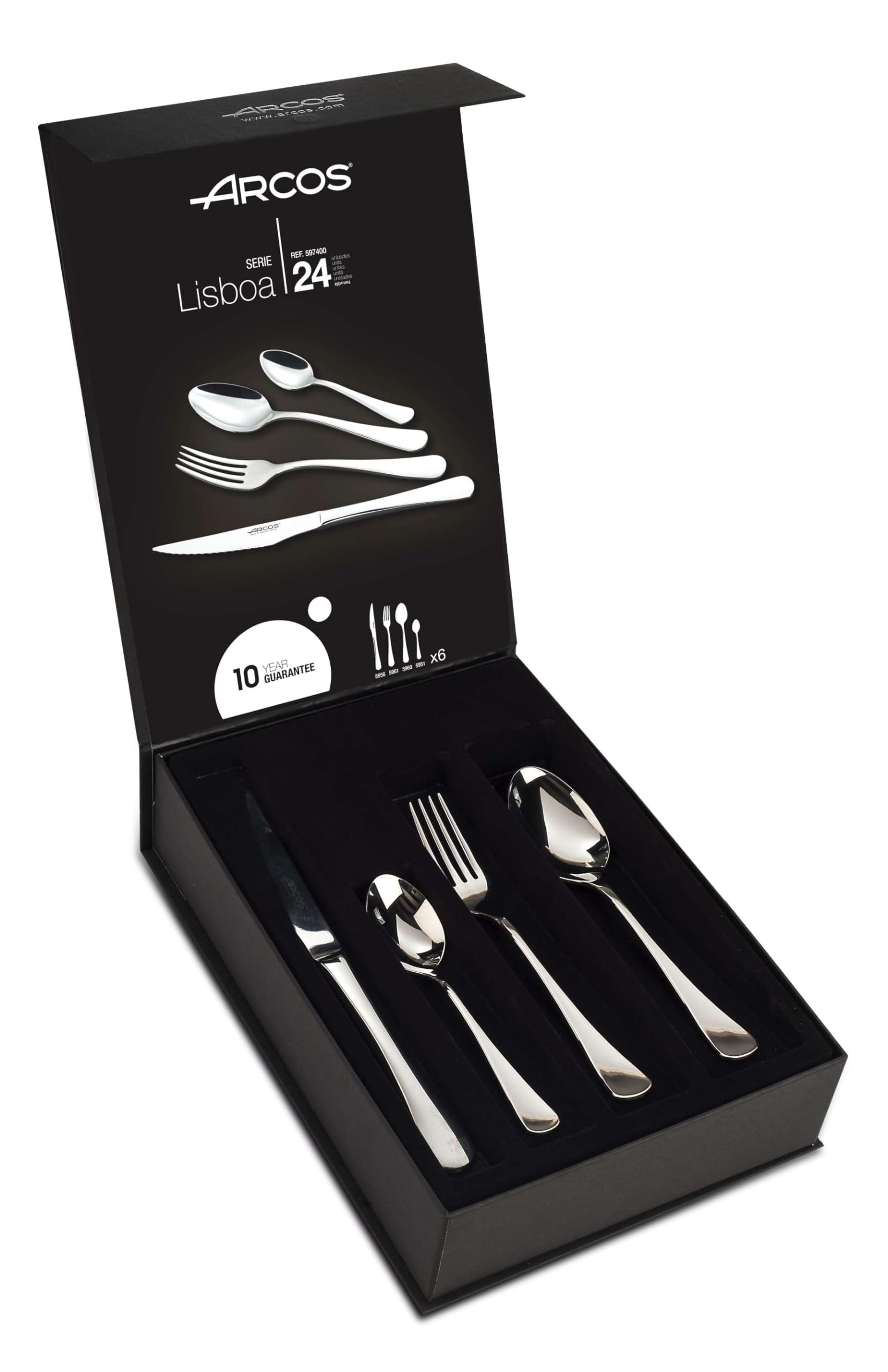 Arcos Serie Lisboa - Cubertería de 24 piezas en Caja de Regalo (6 Cuchillos + 12 Cucharas + 6 Tenedores) - Monoblock de una pieza en Acero Inoxidable - Color Plata