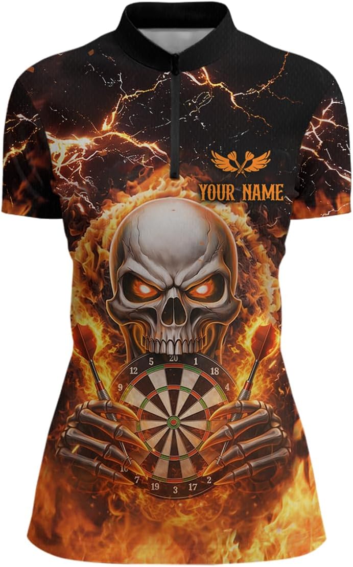 Flaming Skull Dart Shirt for Team Men Women Custom Dart Shirts Skull Dart Jersey Dartboard Shirt Polo and Quarter Zip Shirt