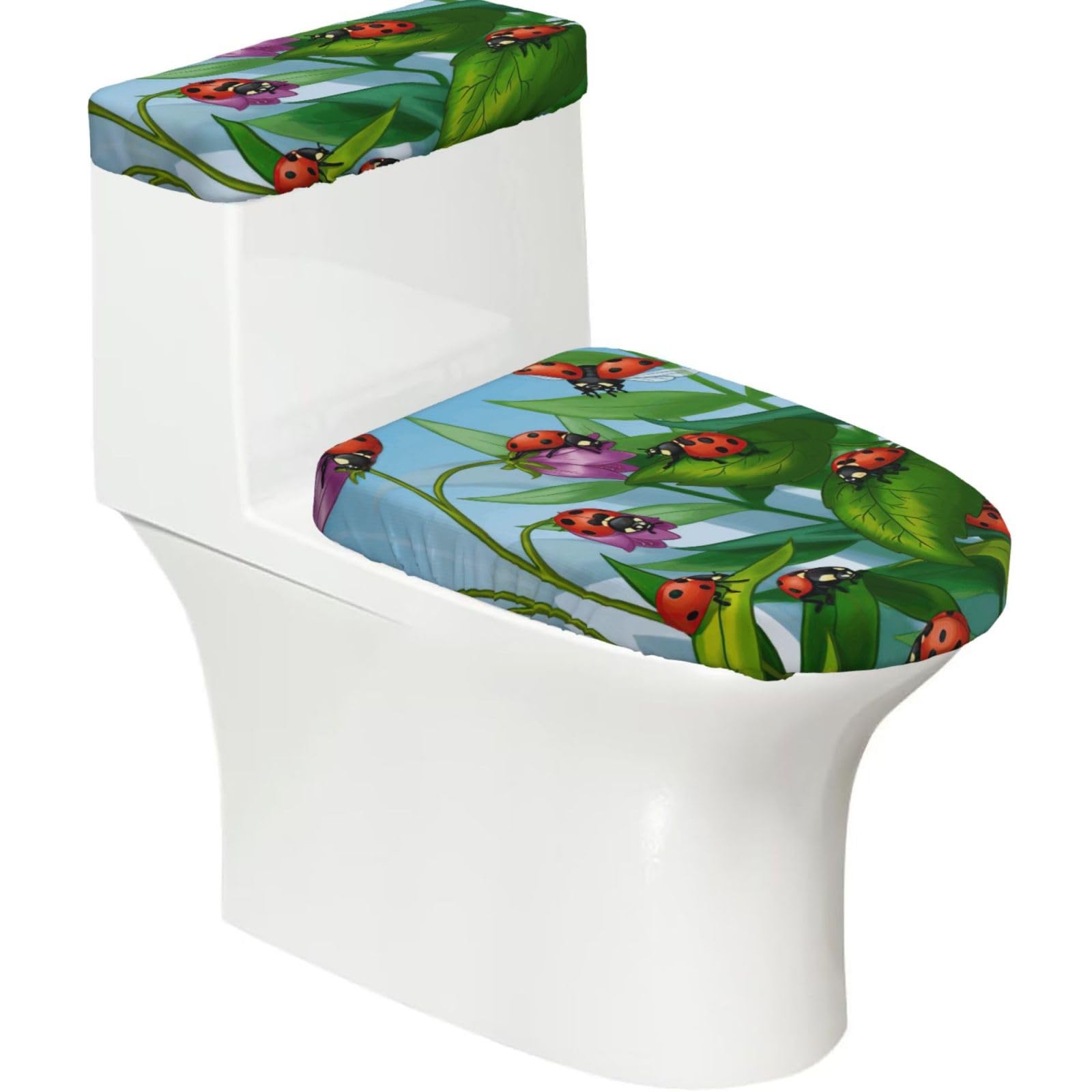 Ladybug Print 2-Piece Stretch Toilet Cover Set, Elastic Breathable Toilet Seat and Tank Lid Protector