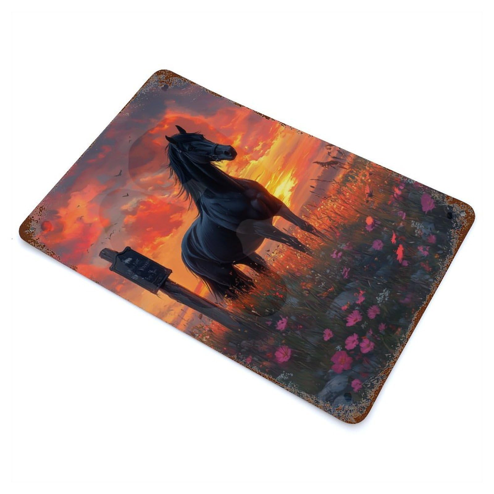 Black Horse Sunset Aged Metal Wall Plaque 11.8"x7.9", Industrial Home Decor for Pub, Kitchen And Man Cave Decor