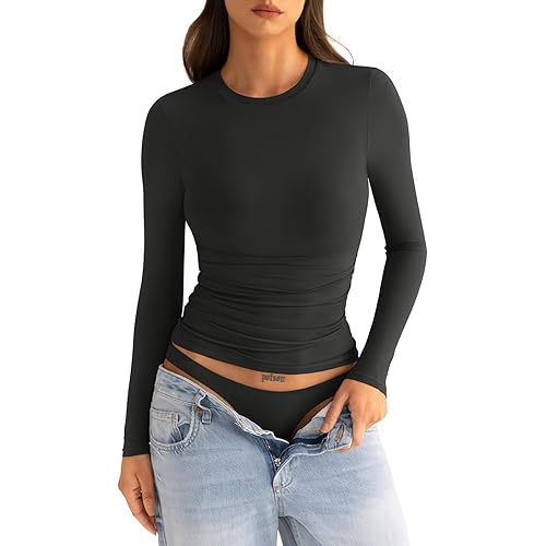 Womens Double Lined Long Sleeve Shirts Crewneck Ruched Top Tight Fitted Basic Tee Fall Going Out Outfits 2026