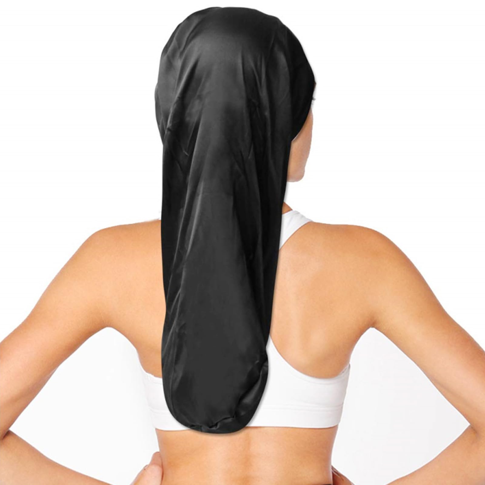 Bonnet de Nuit en Satin Réglable Avec Bande Élastique pour Cheveux Longs Et Bouclés (Noir)