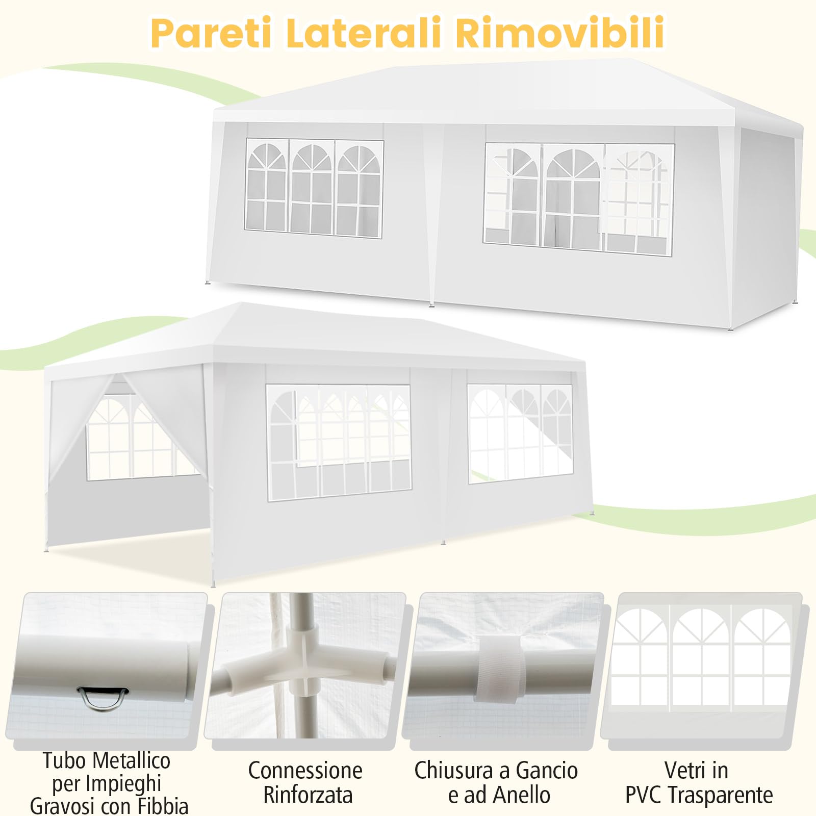 COSTWAY Gazebo da Giardino 3 x 6 m, Tendone per Feste con 4 Tende Laterali Rimovibili e 2 Porte con Cerniera, Con Borsa di Trasporto, Impermeabile Protezione UV