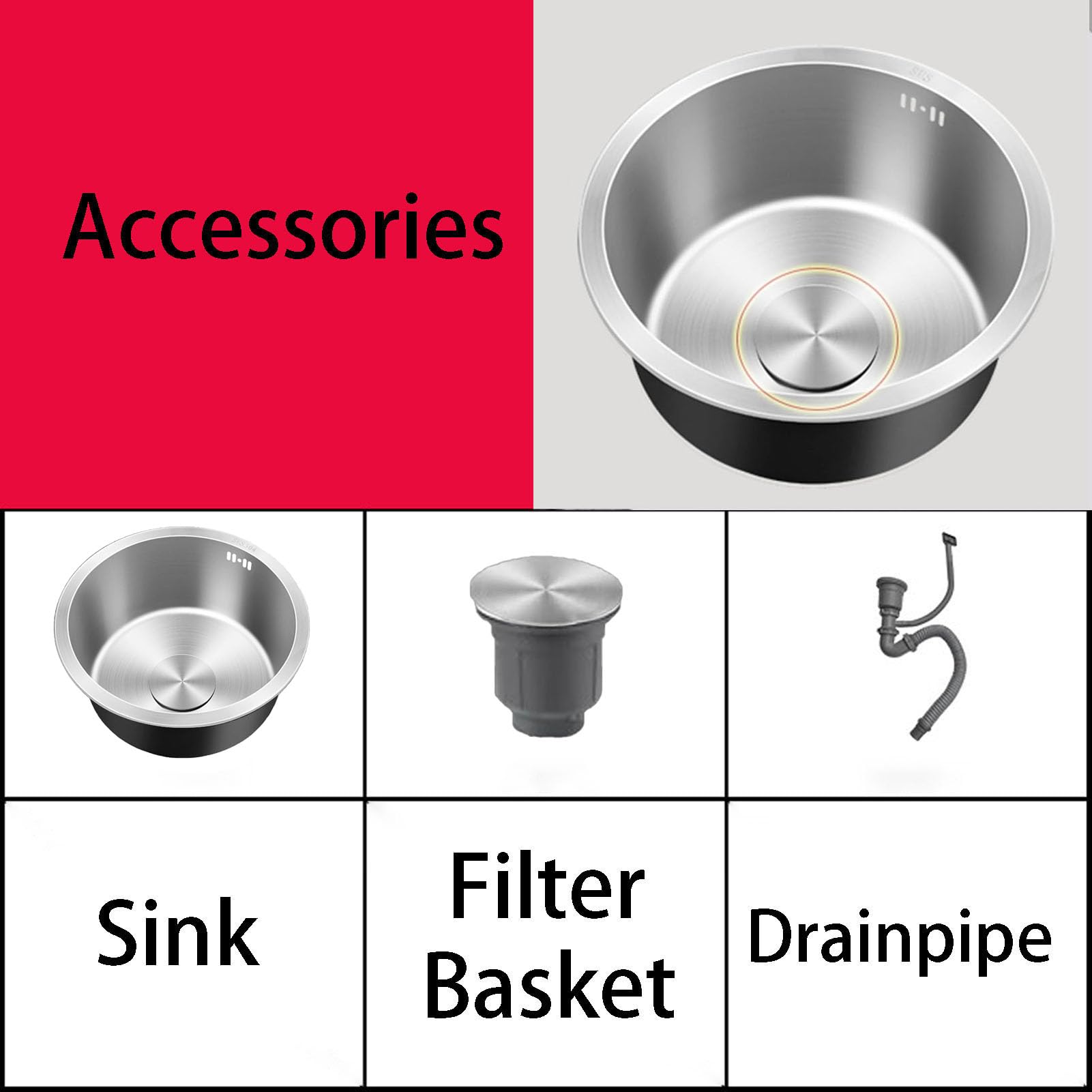 Mini fregadero redondo de cocina de acero inoxidable con desbordamiento y drenador, incluye kit completo de residuos y fijaciones para instalación de montaje inferior y superior