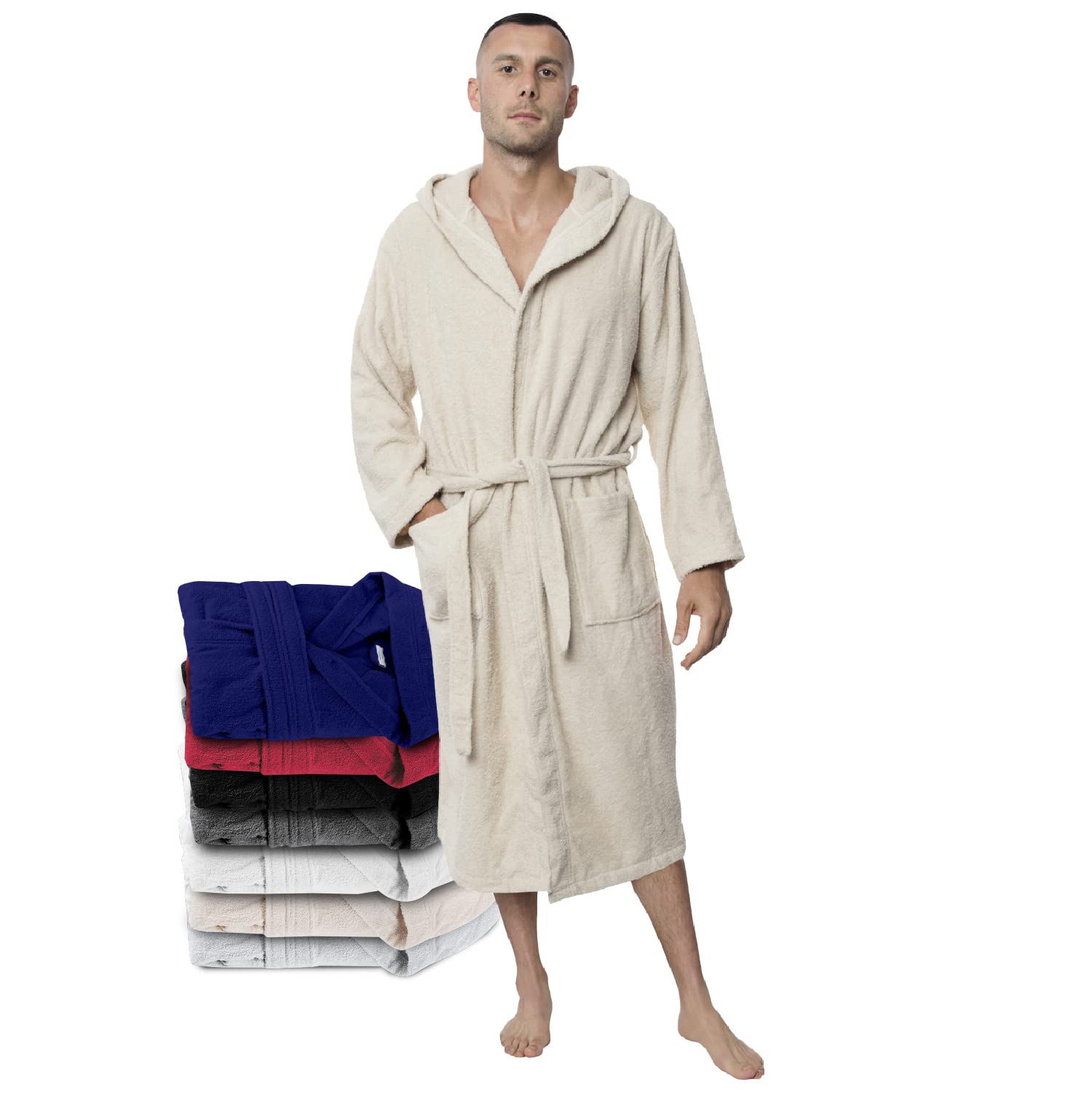 Twinzen Accappatoio per Uomo con Cappuccio in Spugna, 2 Tasche, Cintura Cotone Senza Prodotto Chimico, Oeko Tex - Vestaglia per Uscire dalla Doccia, Assorbente e Confortevole