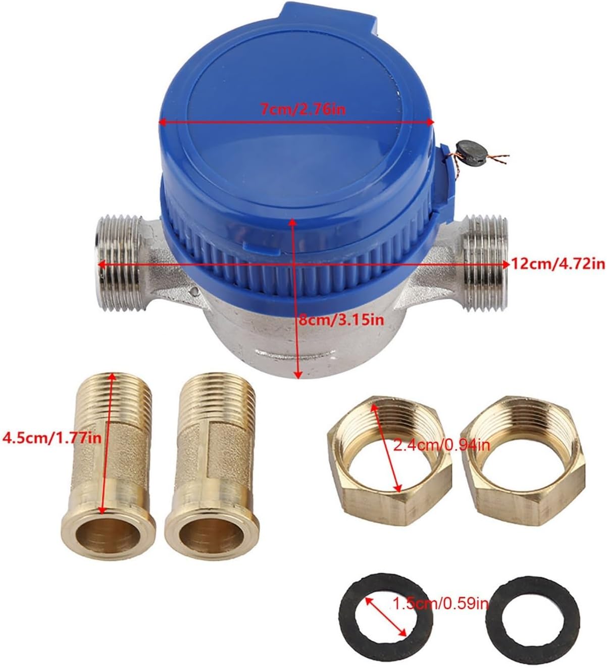 Water Meter,Sprayer Water Meter Copper 1.5m3/h 0-40℃ Mechanical Water Meter 15mm 1/2 Inch Water Flow Gauge