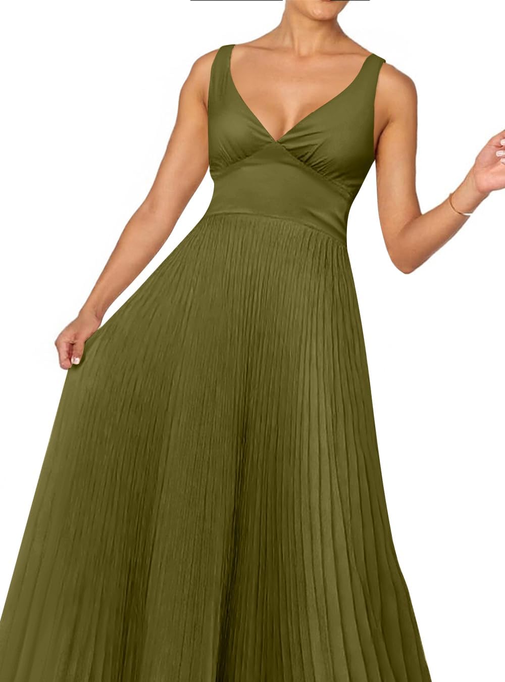 Women's Pleated Bridesmaid Dresses for Wedding V Neck Adjustable Straps Maxi Formal Party Dress - Image 5